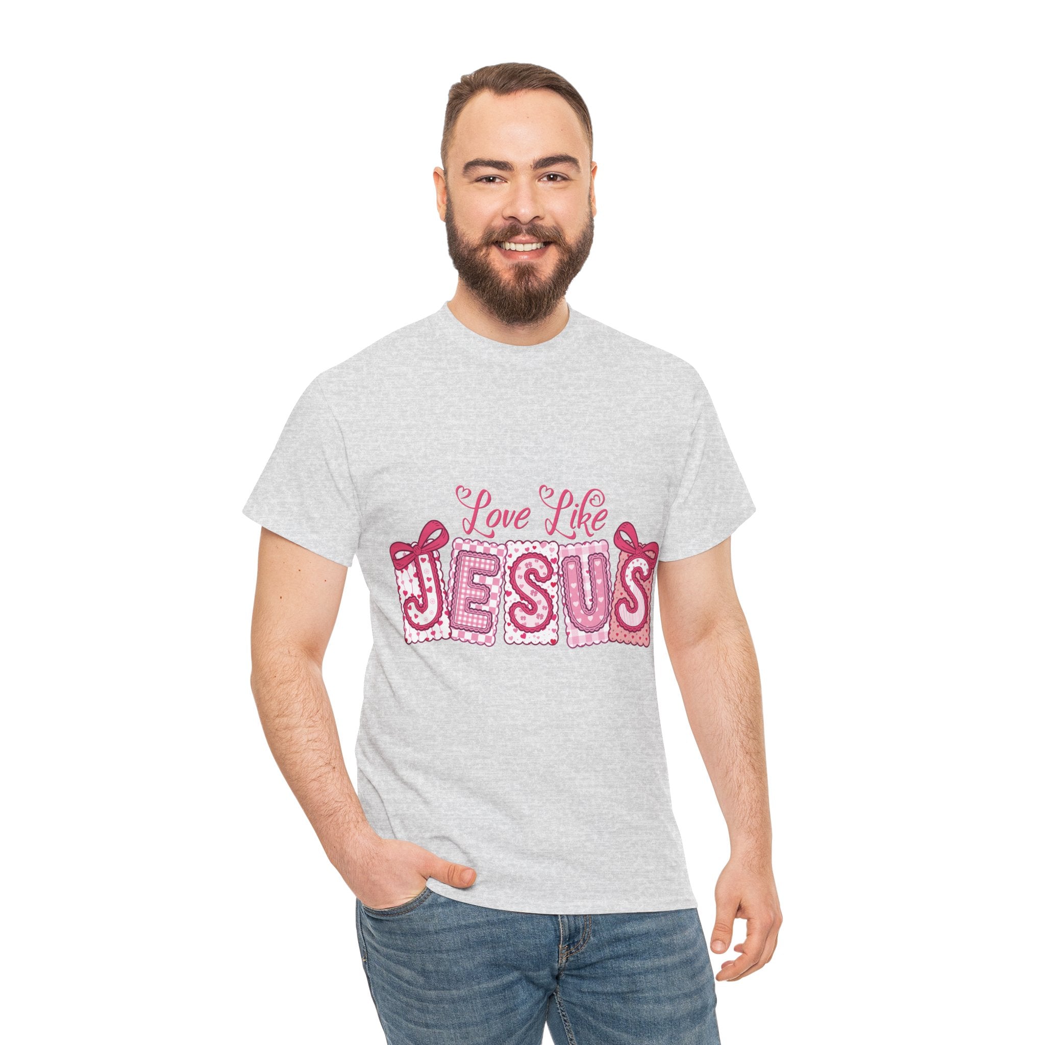 Love Like Jesus Patchwork Tee — Pink Stitched Heart Graphic.Unisex Cotton Tee