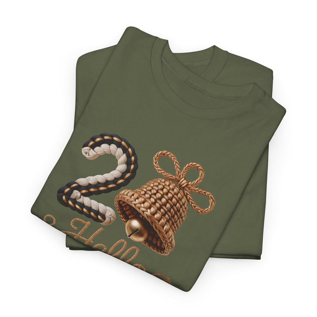 Hello 2026 Tee — Cozy Faux Yarn Braided Numbers with Woven Golden Bell..Unisex Cotton Tee