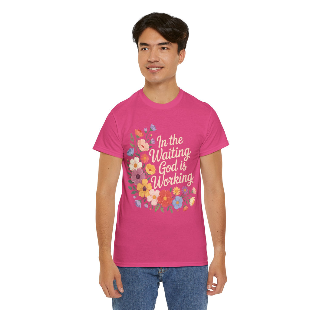 Pastel Floral “In the Waiting God Is Working” Unisex Cotton T-Shirt