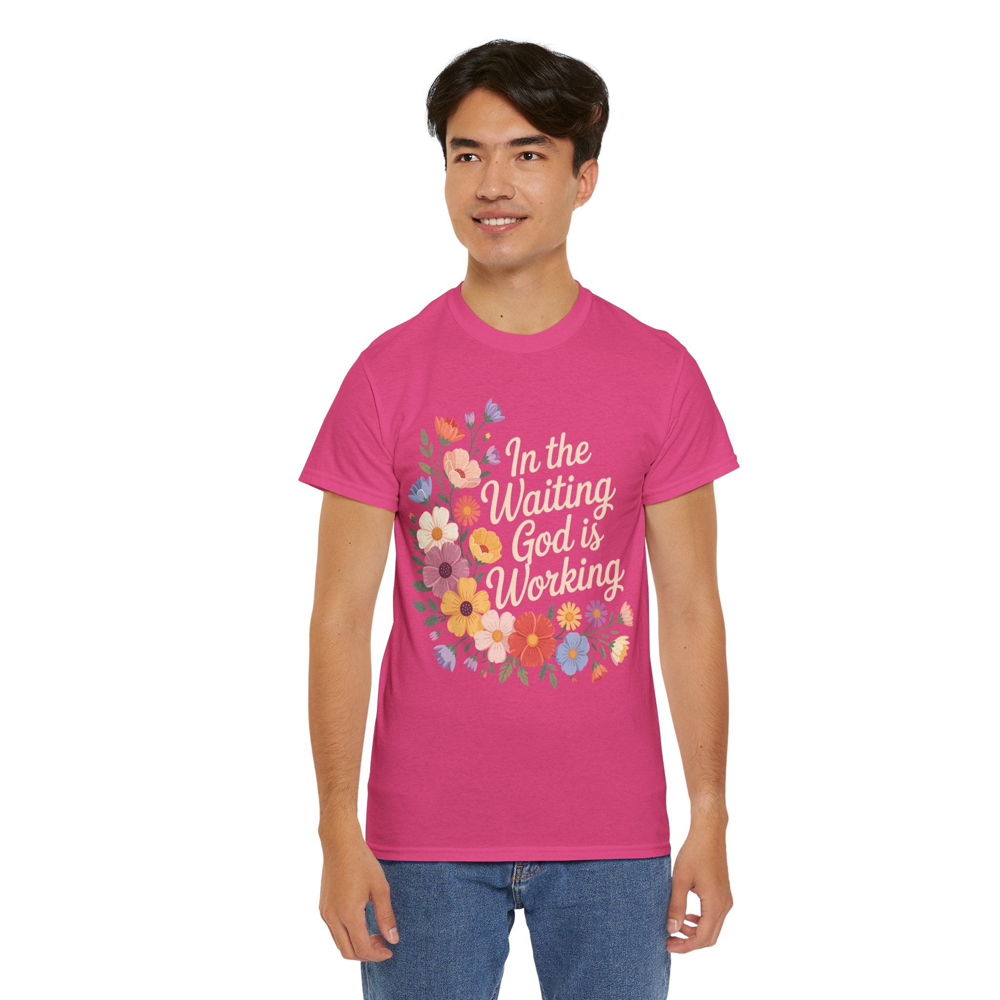 Pastel Floral “In the Waiting God Is Working” Unisex Cotton T-Shirt