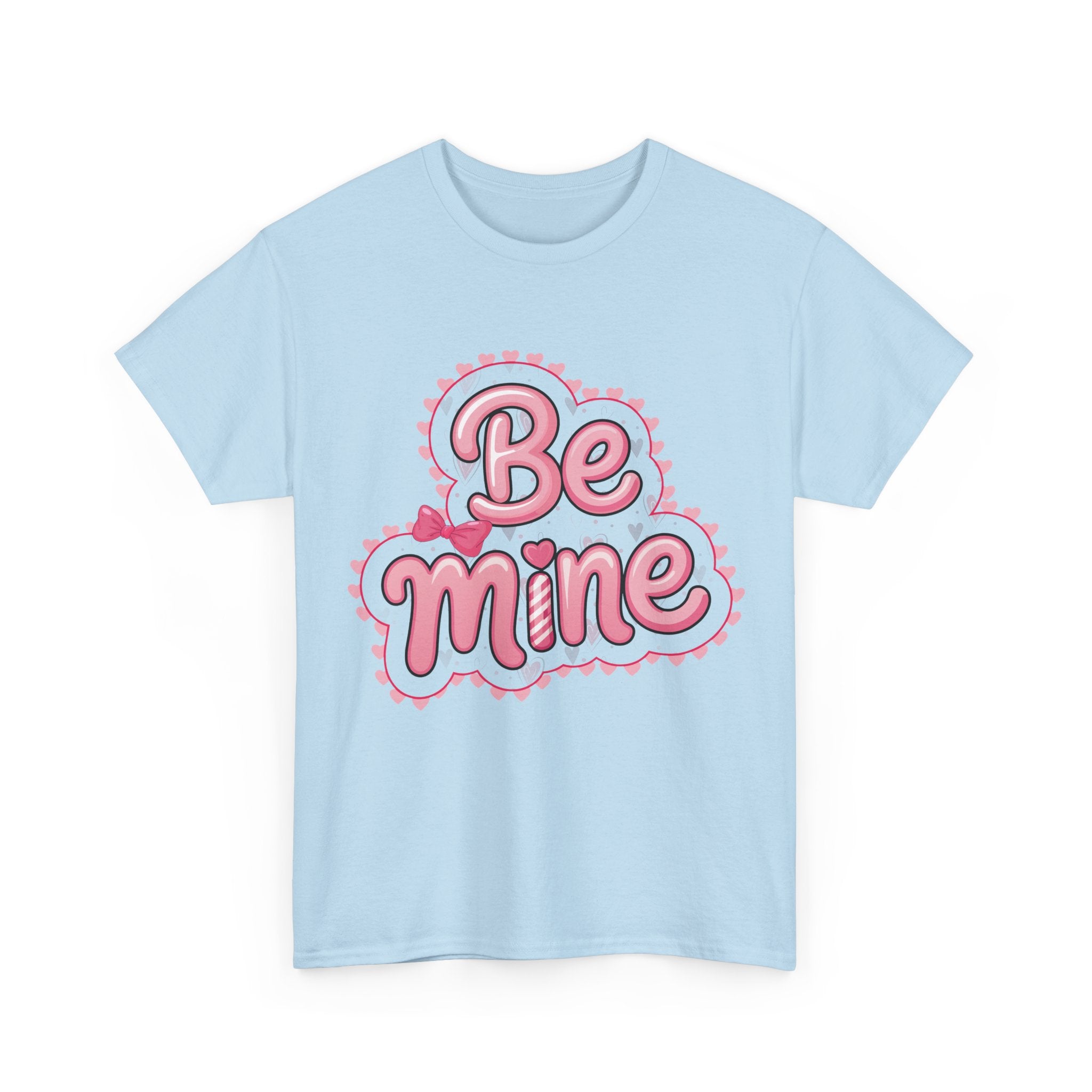 Be Mine Valentine T-Shirt — Pink Bubble Letters with Hearts & Bow..Unisex Cotton Tee
