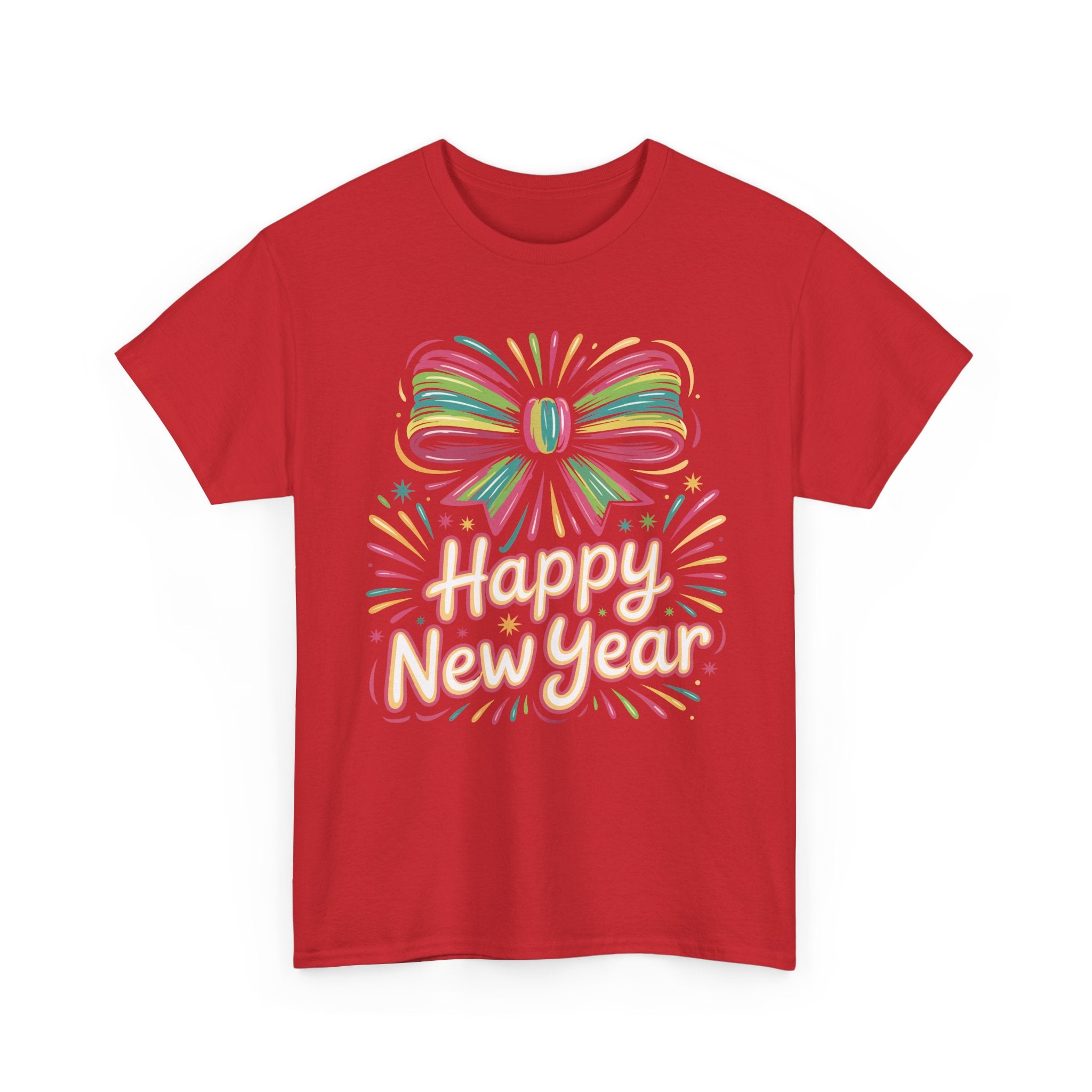 Happy New Year Pastel Tee — Rainbow Bow & Fireworks Celebration Unisex Cotton Tshirt