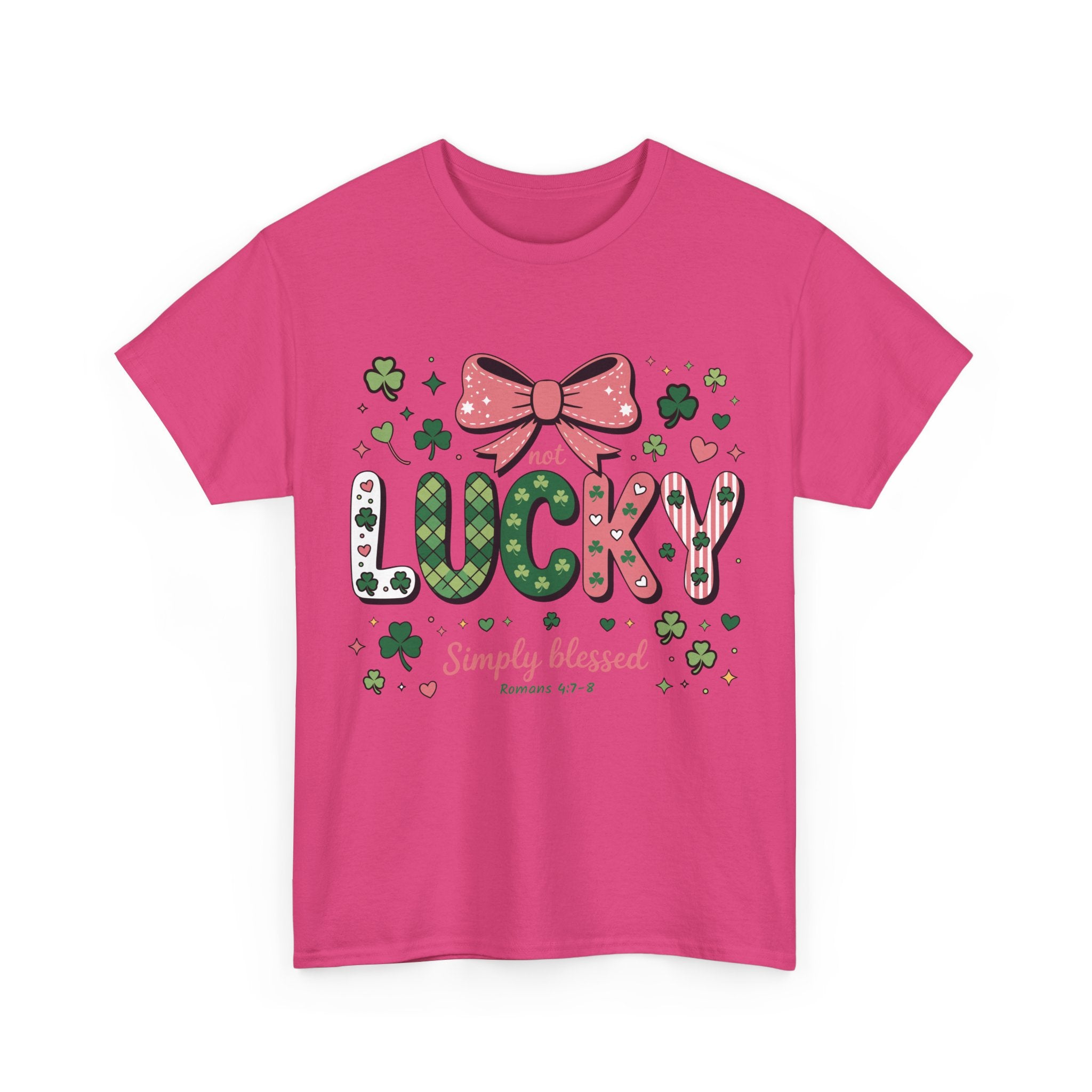 Simply Blessed Tee — “Not Lucky, Simply Blessed” with Pastel Bow, Clovers & Romans 4:7-8 Unisex Cotton Tee