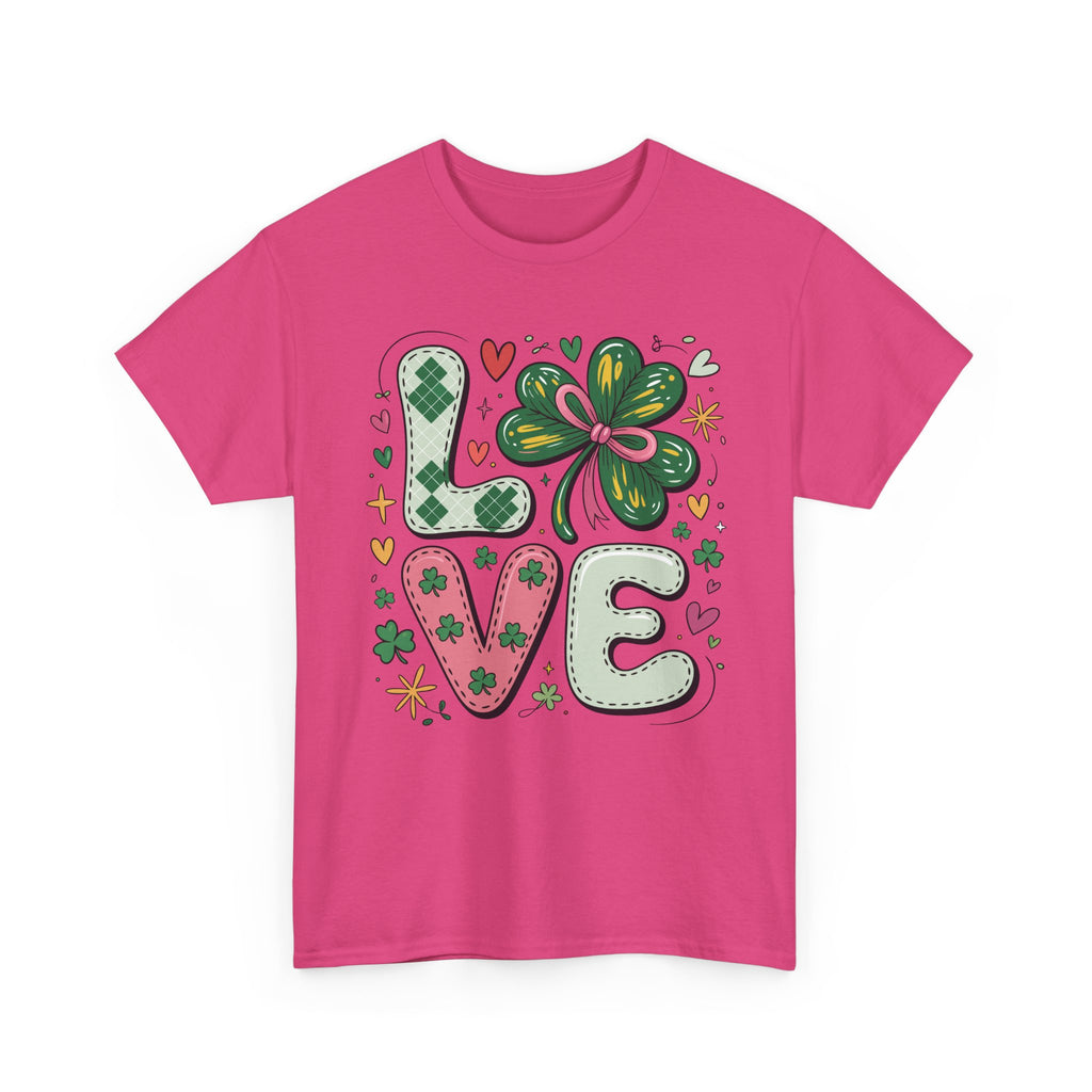 Stitched Clover 'LOVE' Tee — Heart & Patchwork St. Patrick's Unisex Cotton T-Shirt
