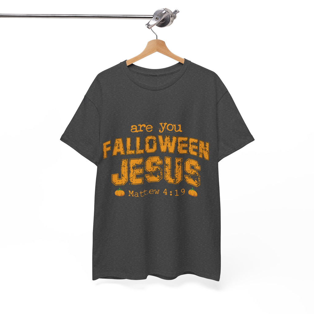 Christian Halloween T-Shirt — “Are You Falloween Jesus? Matthew 4:19” Distressed Pumpkin Design. Unisex Cotton Tee