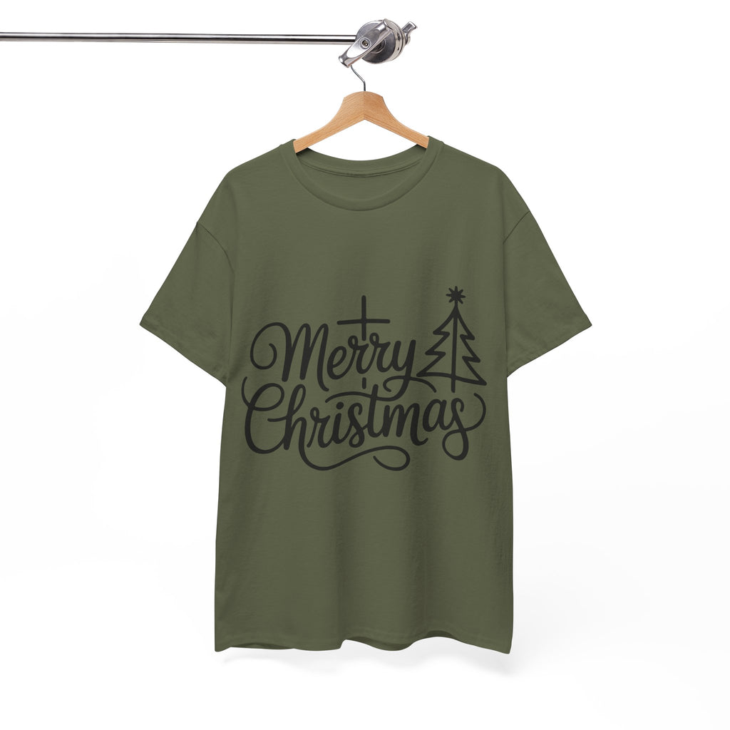 Merry Christmas Script T-Shirt with Cross & Tree(Unisex Cotton Tee)