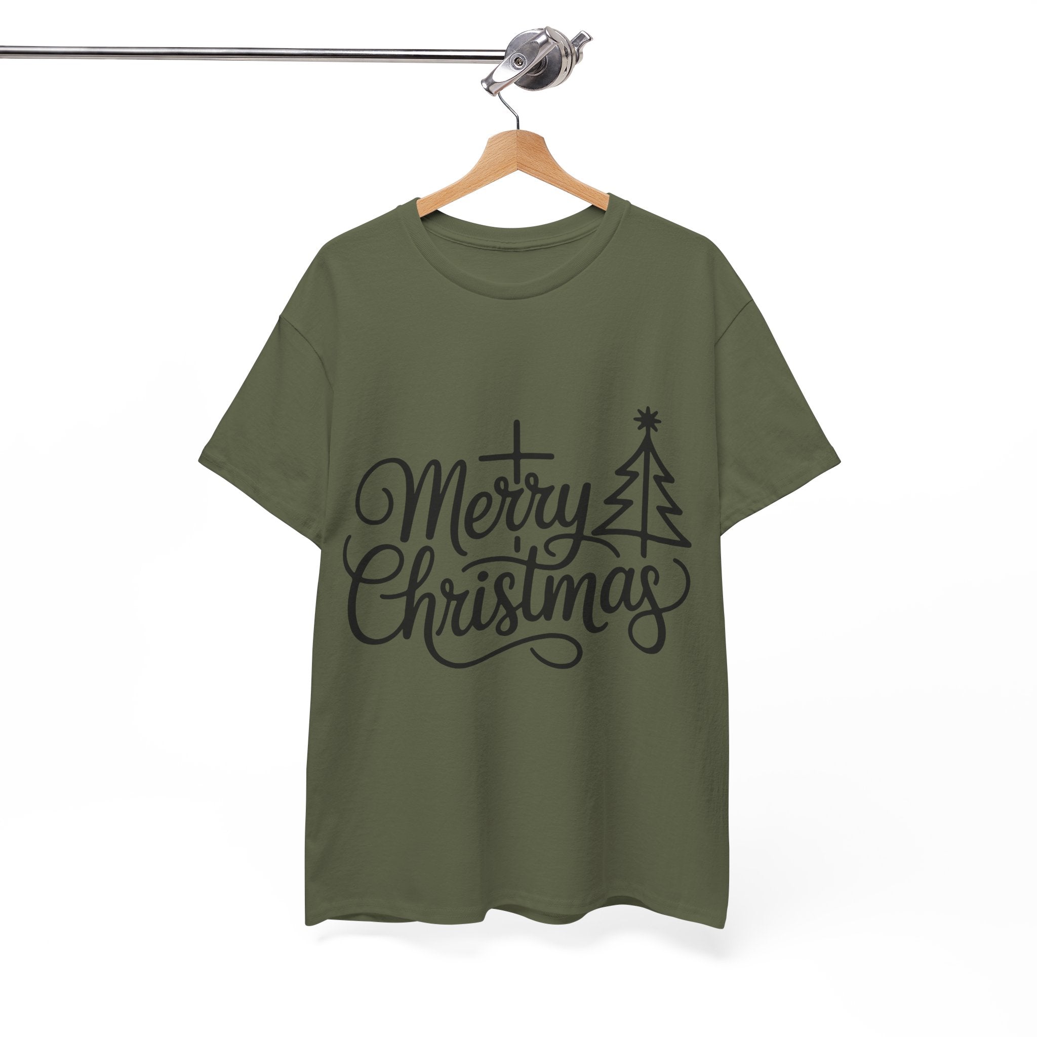 Merry Christmas Script T-Shirt with Cross & Tree(Unisex Cotton Tee)