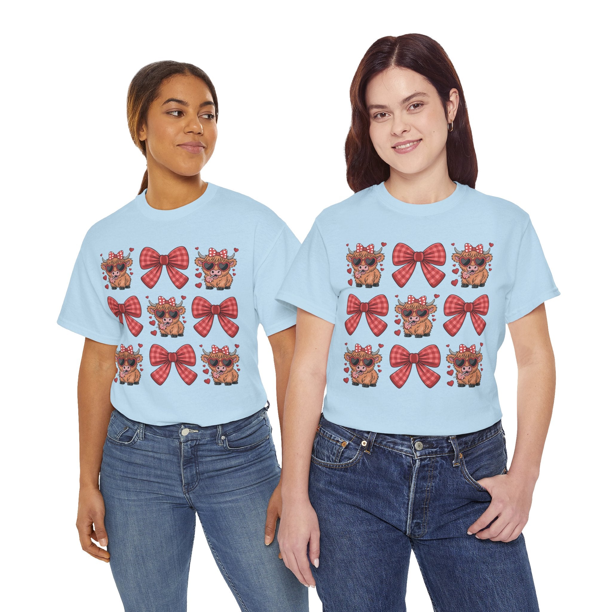 Valentine Cow Checkered Tee — Fluffy Cows with Heart Sunglasses & Red Bows..Unisex Cotton Tee