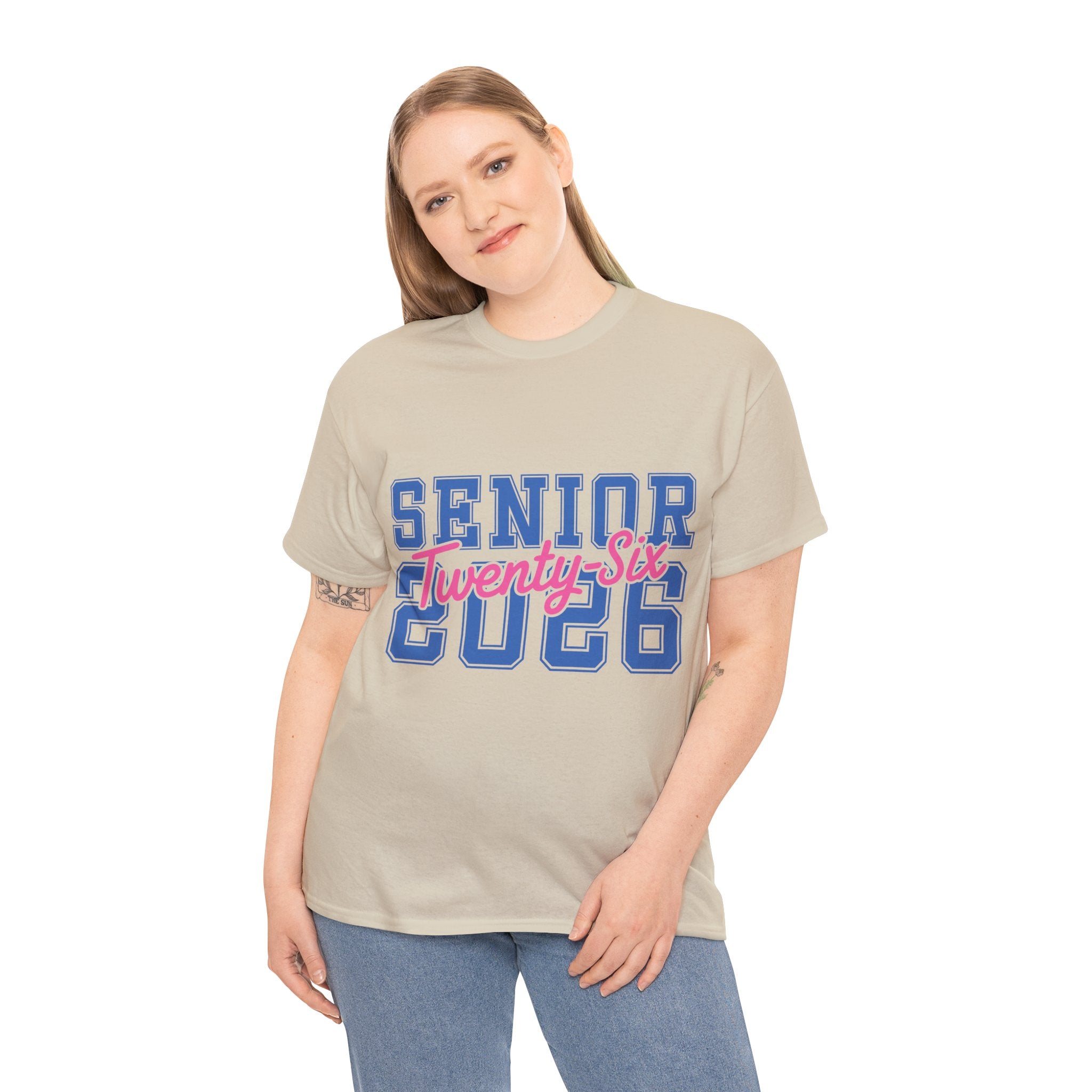 Senior 2026 Tee — Pink Varsity Block with Blue Script Overlay Unisex Cotton Tee