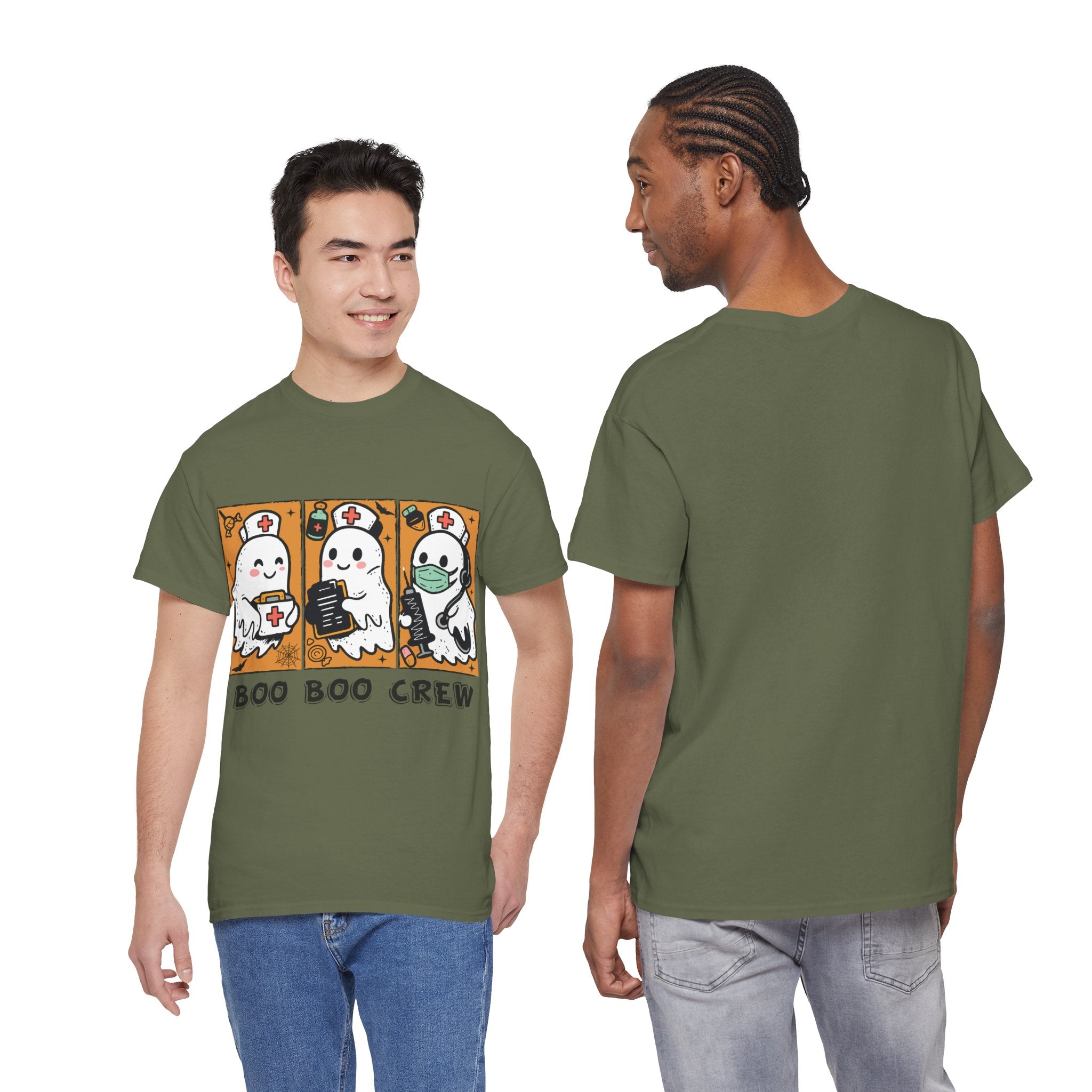 Halloween Nurse T-Shirt — Ghost Nurses Holding Medical Tools on Orange Unisec Cotton Tee