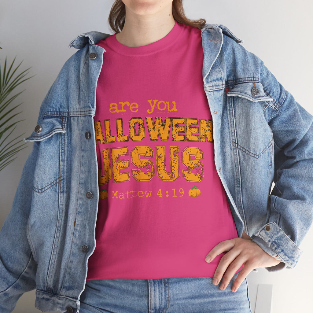 Christian Halloween T-Shirt — “Are You Falloween Jesus? Matthew 4:19” Distressed Pumpkin Design. Unisex Cotton Tee