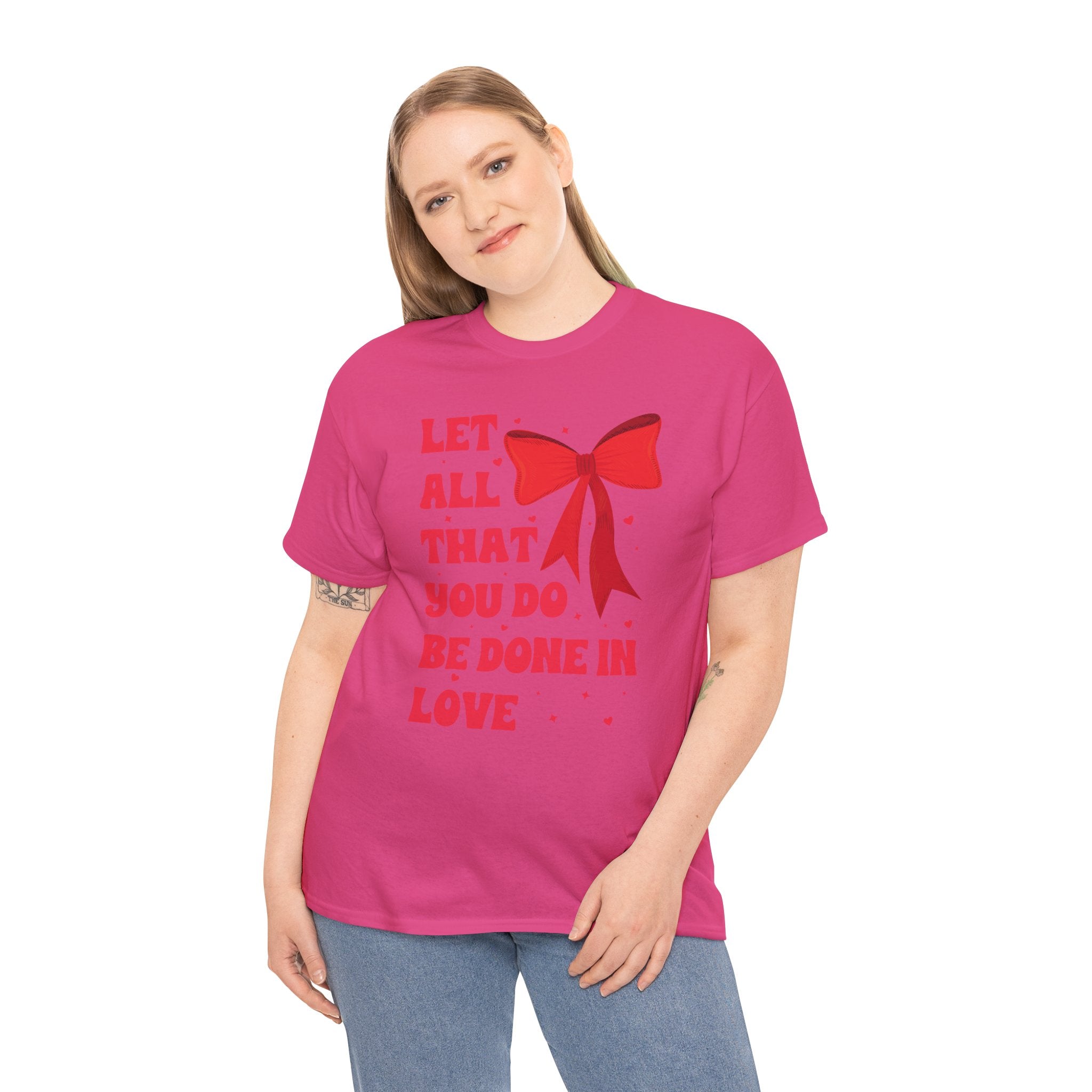 Valentine Tee — "Let All That You Do Be Done in Love" Heart Bow Unisex Cotton Shirt
