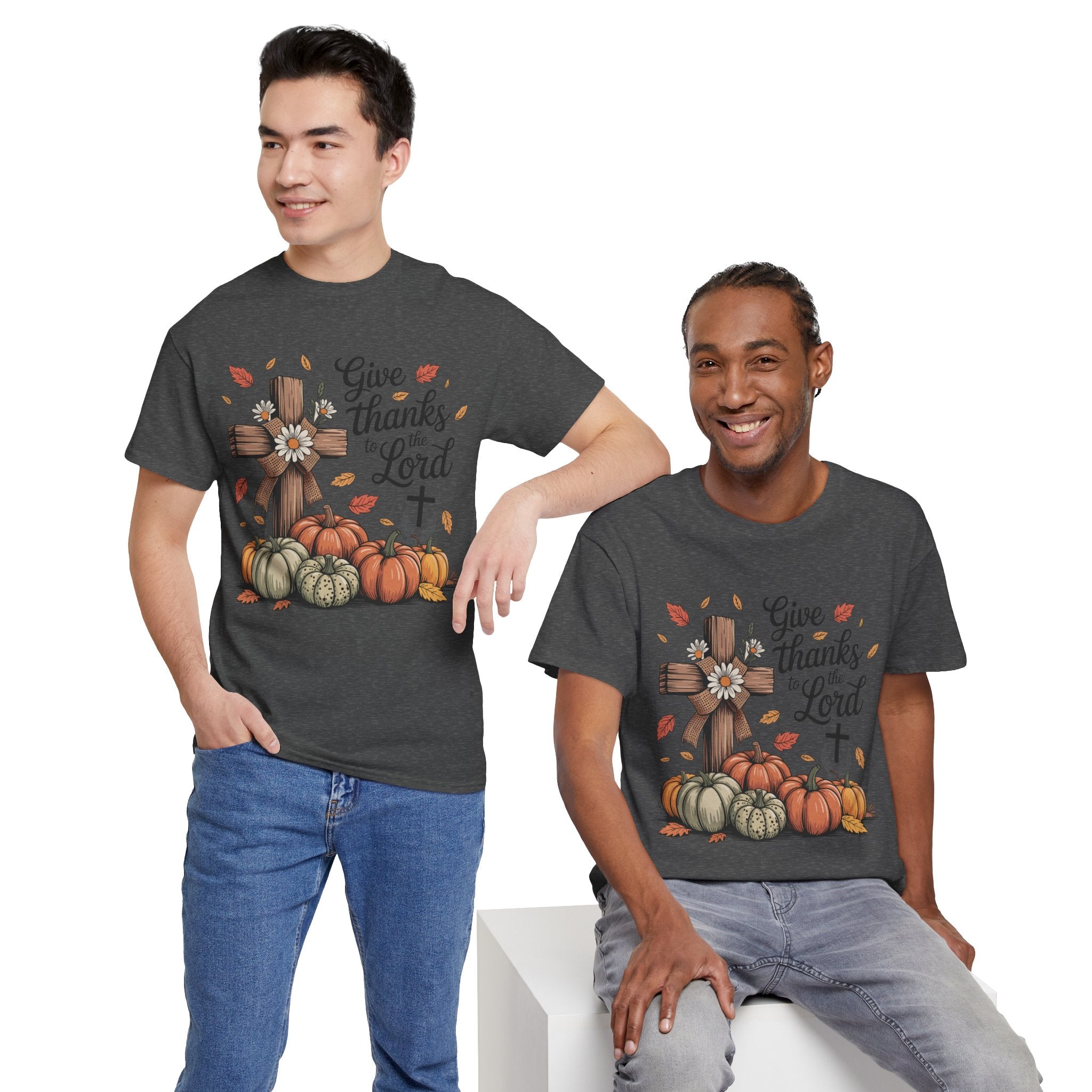 Give Thanks to the Lord Autumn Tee — Wooden Cross, Pumpkins & Daisies..Unisex Cotton Tee
