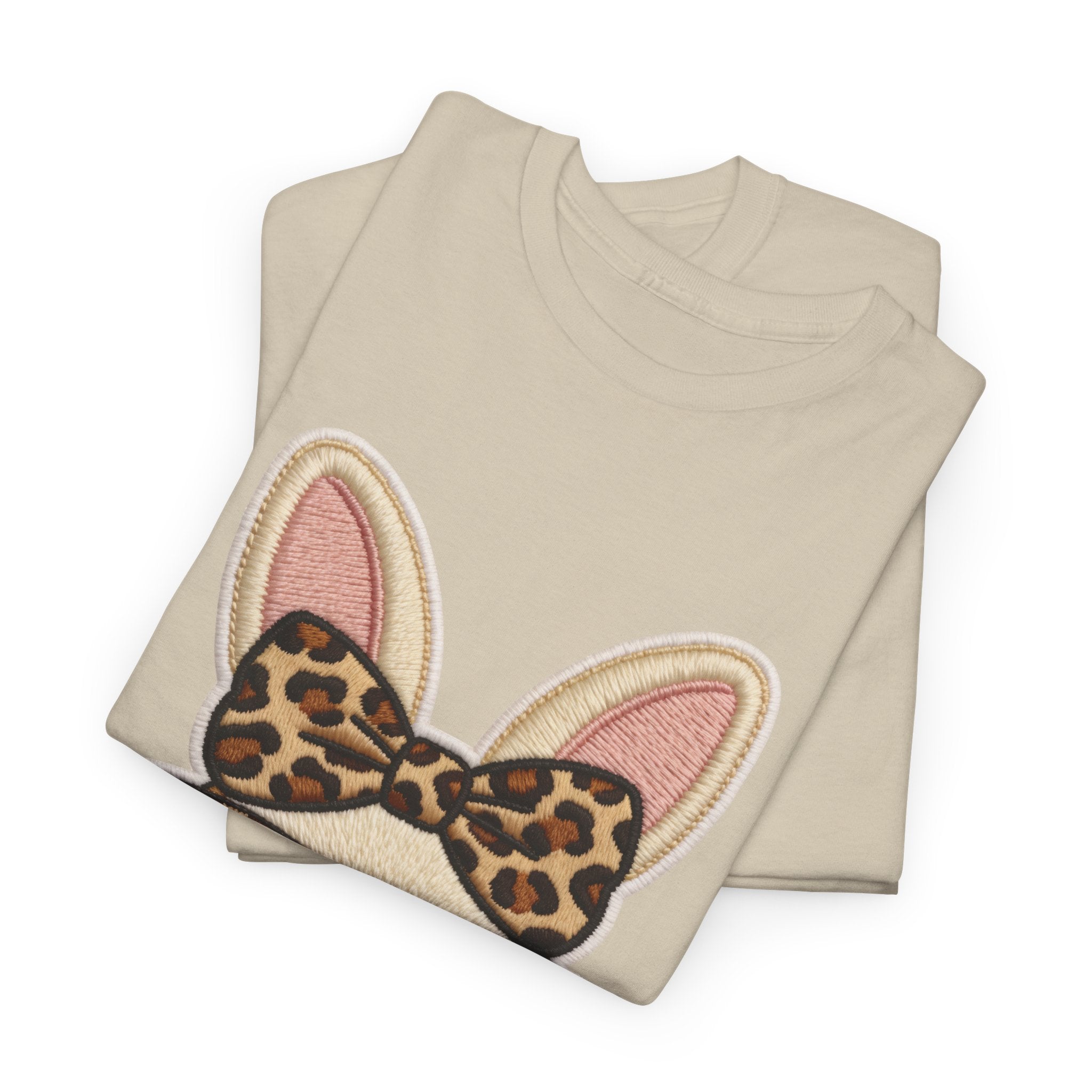 Leopard Bow Bunny Embroidered Tee — Cute Bunny Face with Glasses Patch Unisex Cotton Tee