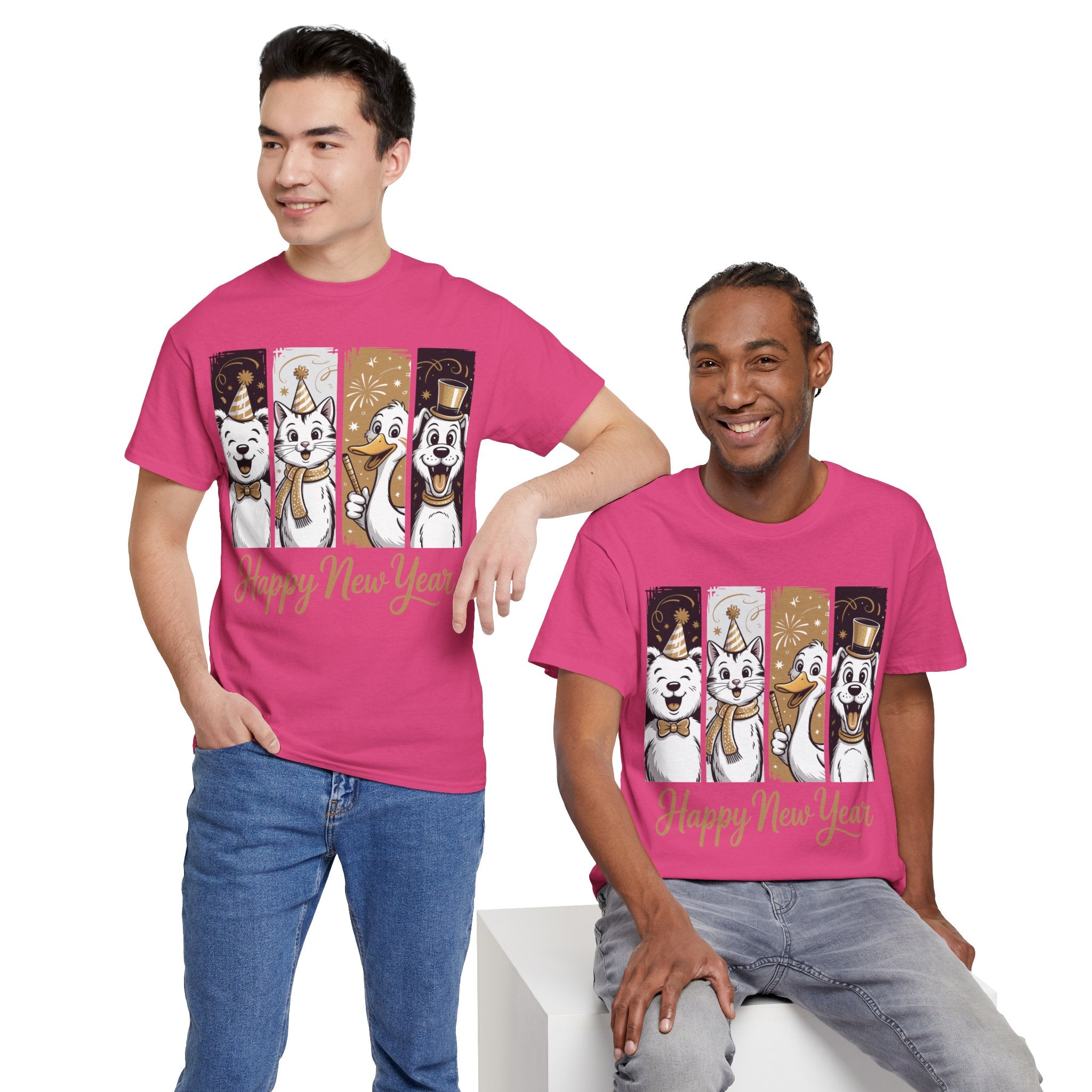 Happy New Year Party Animals T-Shirt — Cute Smiling Animals in Party Hats & Gold Fireworks..Unisex Cotton Tee