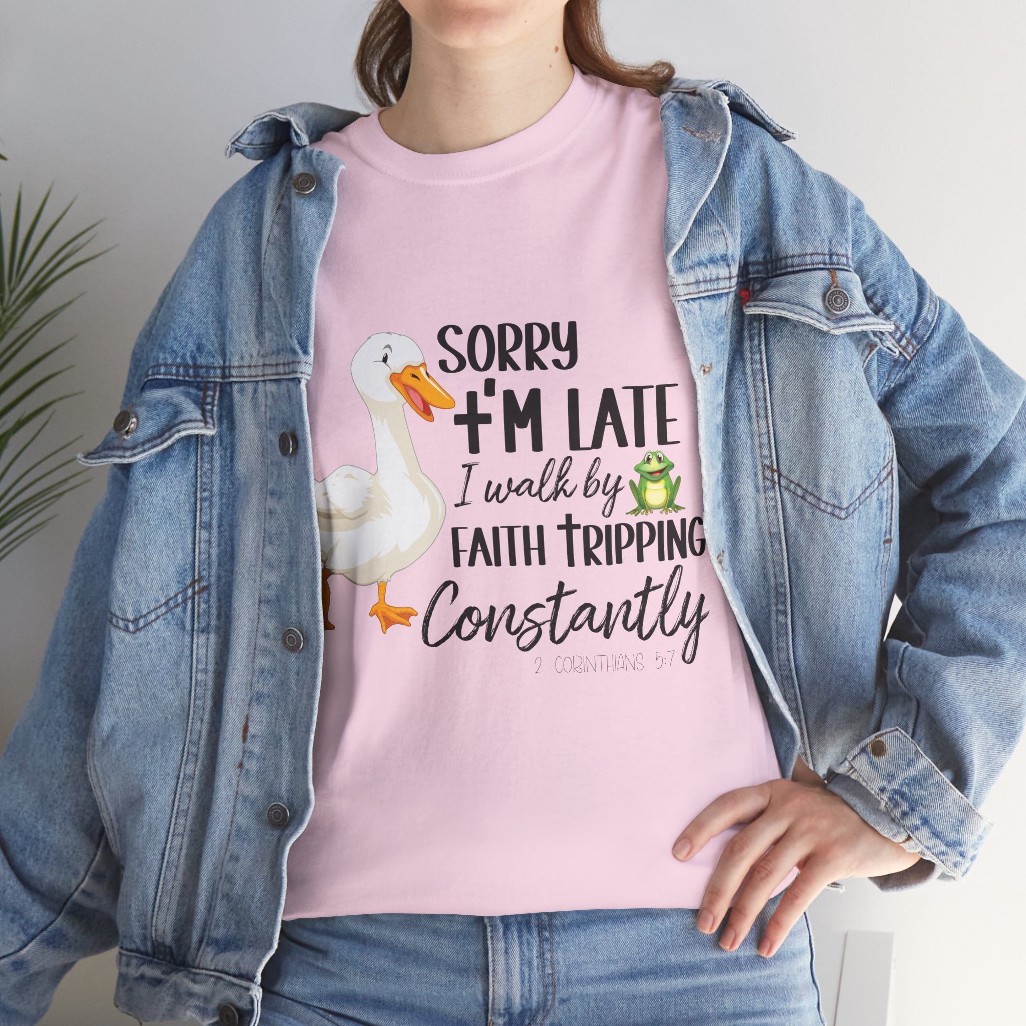 Christian Humor T-Shirt — “Sorry I’m Late, I Walk by Faith Tripping Constantly” (Duck & Frog). Unisex Cotton Tee