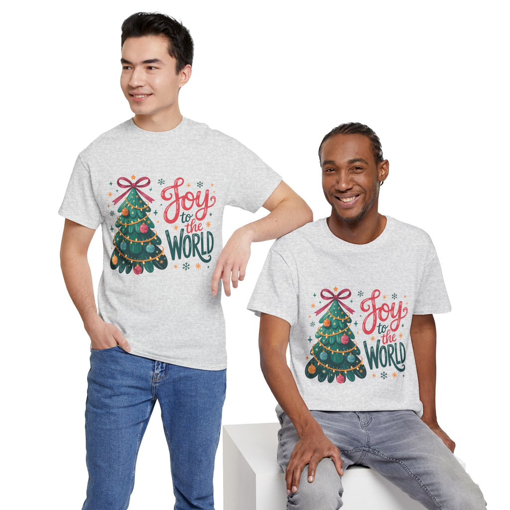 Joy to the World Christmas Tee — Festive Tree with Pink Bow..Unisex Cotton Tee