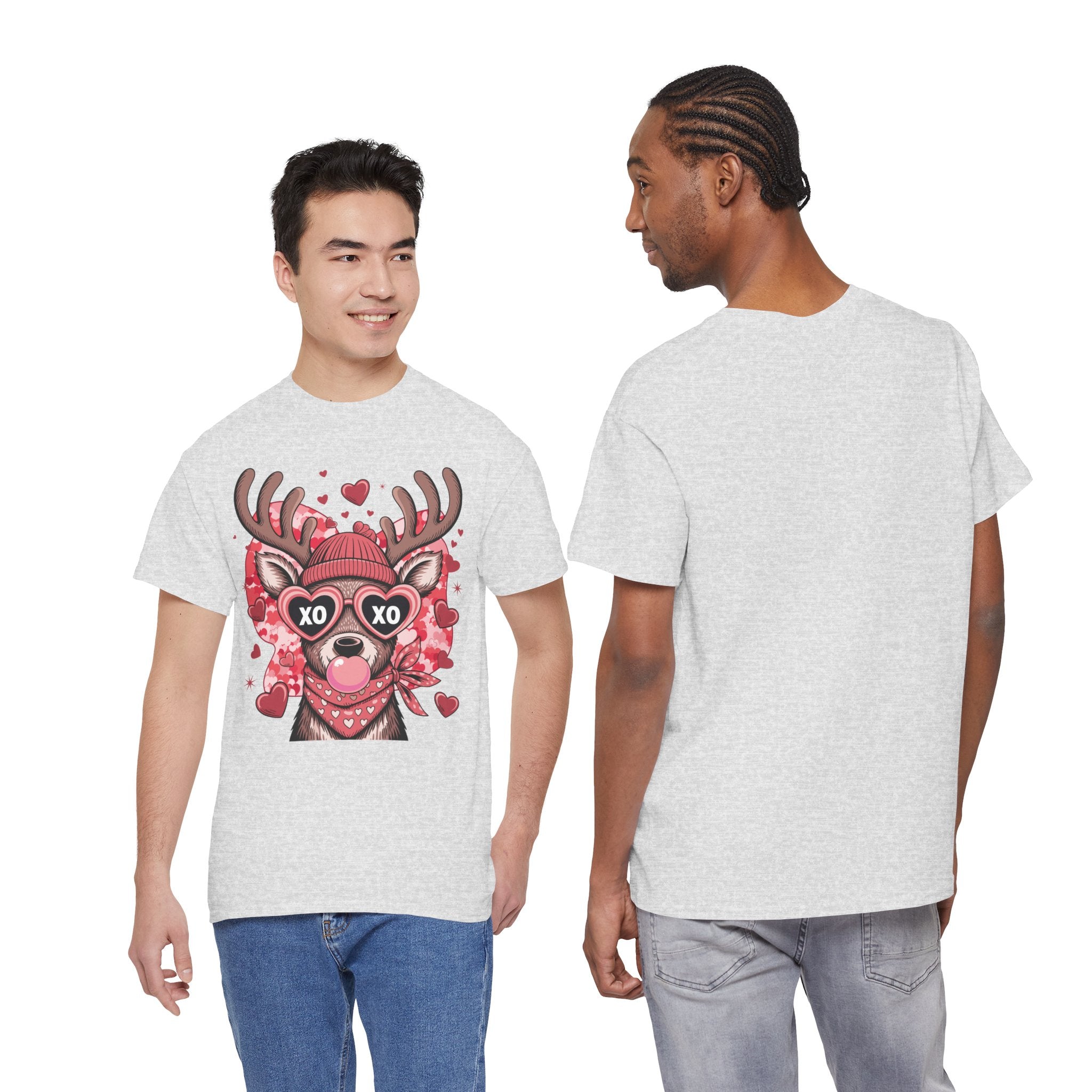 Valentine Deer Tee — Cute XO Heart Glasses, Beanie & Scarf Unisex Cotton Tshirt