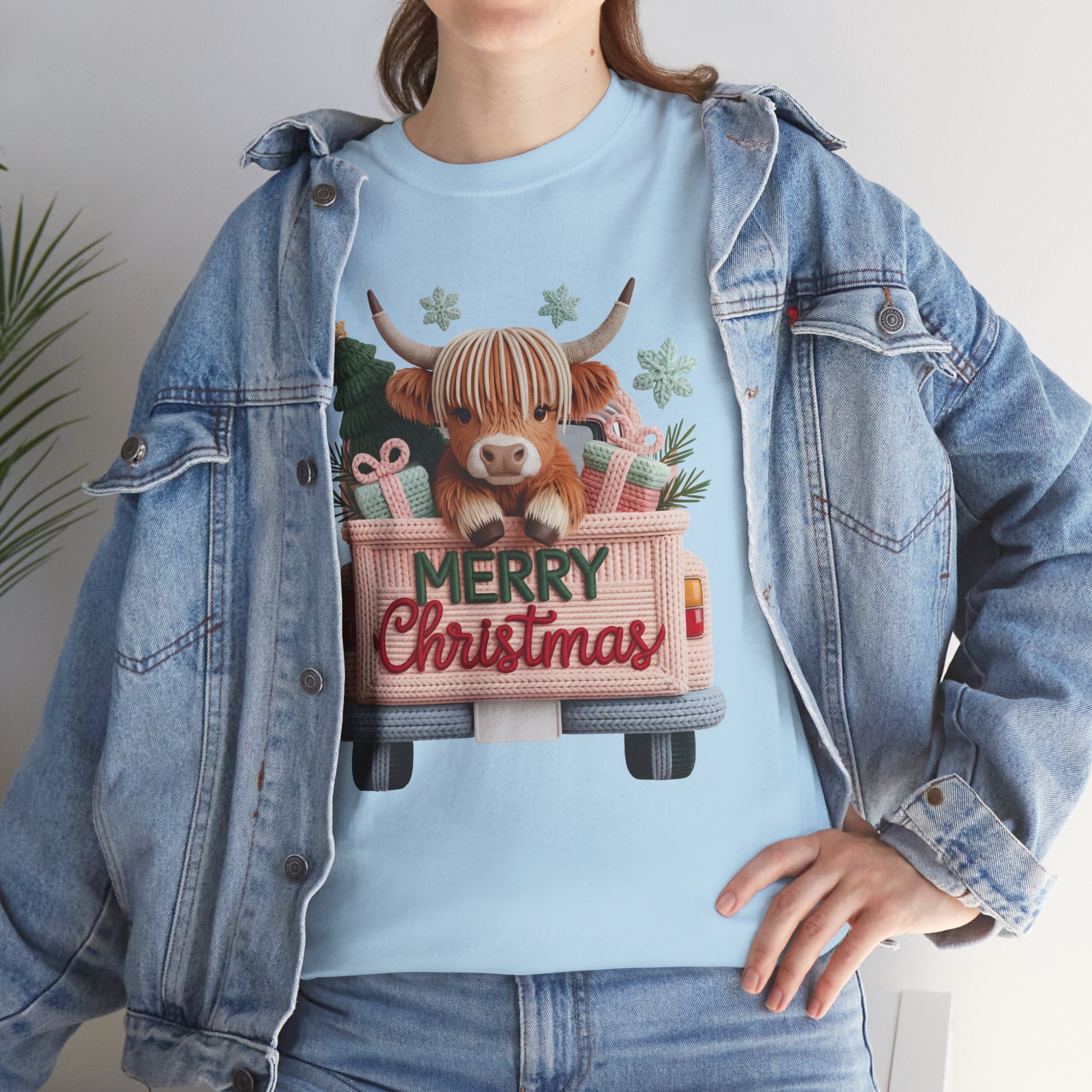 Merry Christmas Highland Cow Knit Truck Unisex Cotton T-Shirt