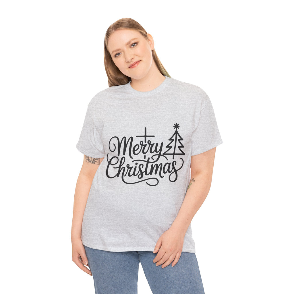 Merry Christmas Script T-Shirt with Cross & Tree(Unisex Cotton Tee)