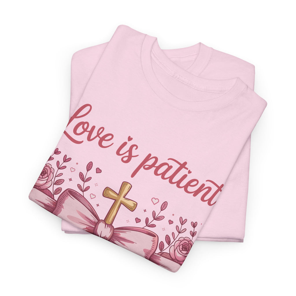 Christian Floral Tee — "Love is Patient, Love is Kind" Pink Rose Cross. Unisex Cotton Tee