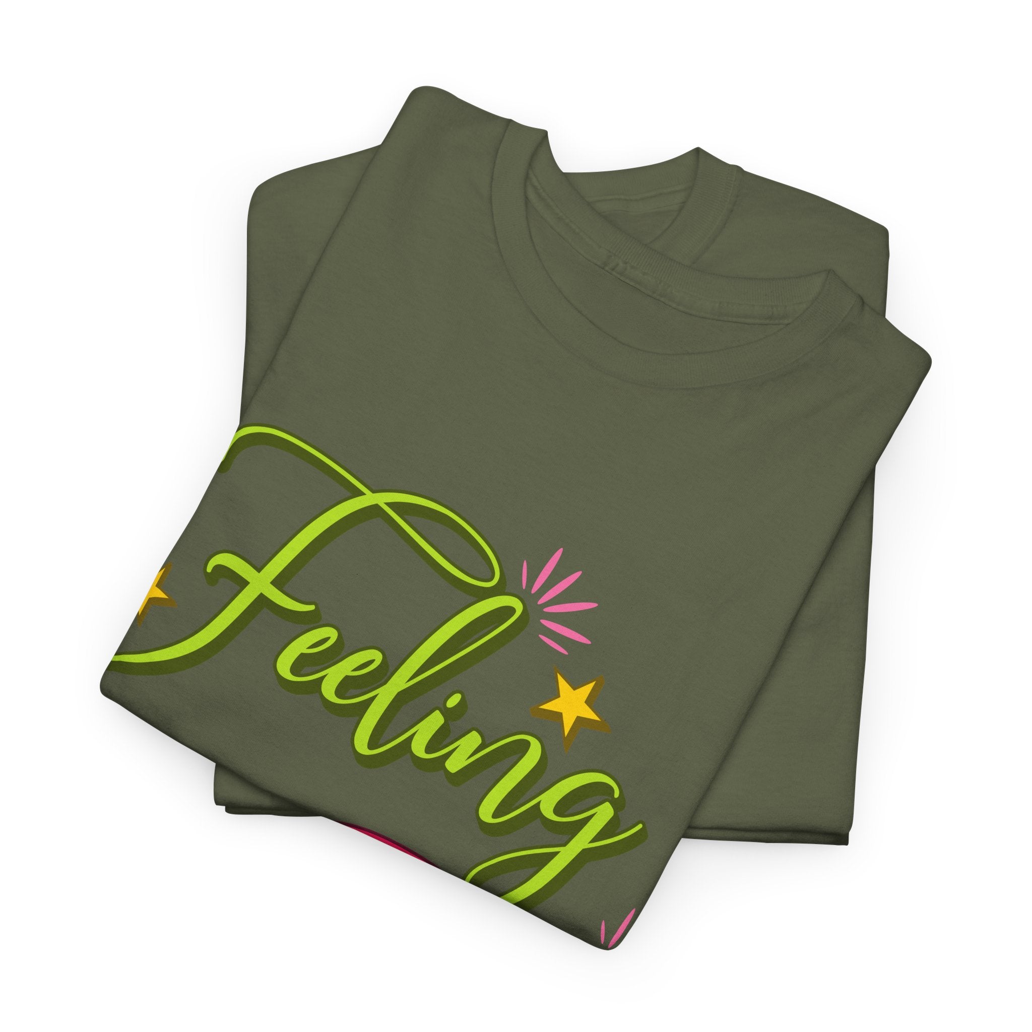 Feeling Jolly Tee — Festive Green & Pink Script with Yellow Stars Unisex Cotton Tee
