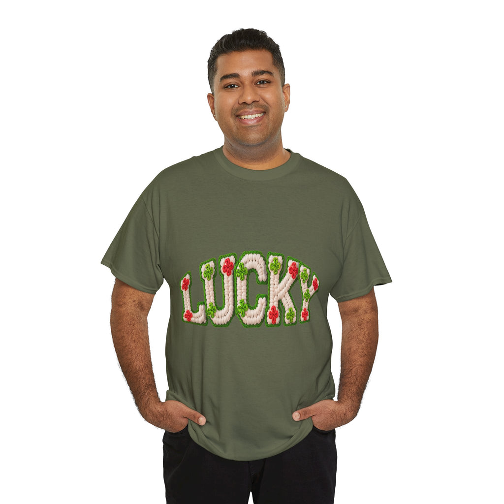 Lucky Crochet Clover T-Shirt — Faux-Yarn Embroidered St. Patrick’s Unisex Cotton Tee
