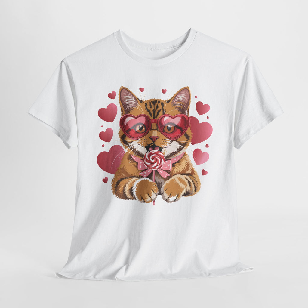 Valentine Cat Tee — Heart Glasses, Lollipop Bow Unisex Cotton Tee