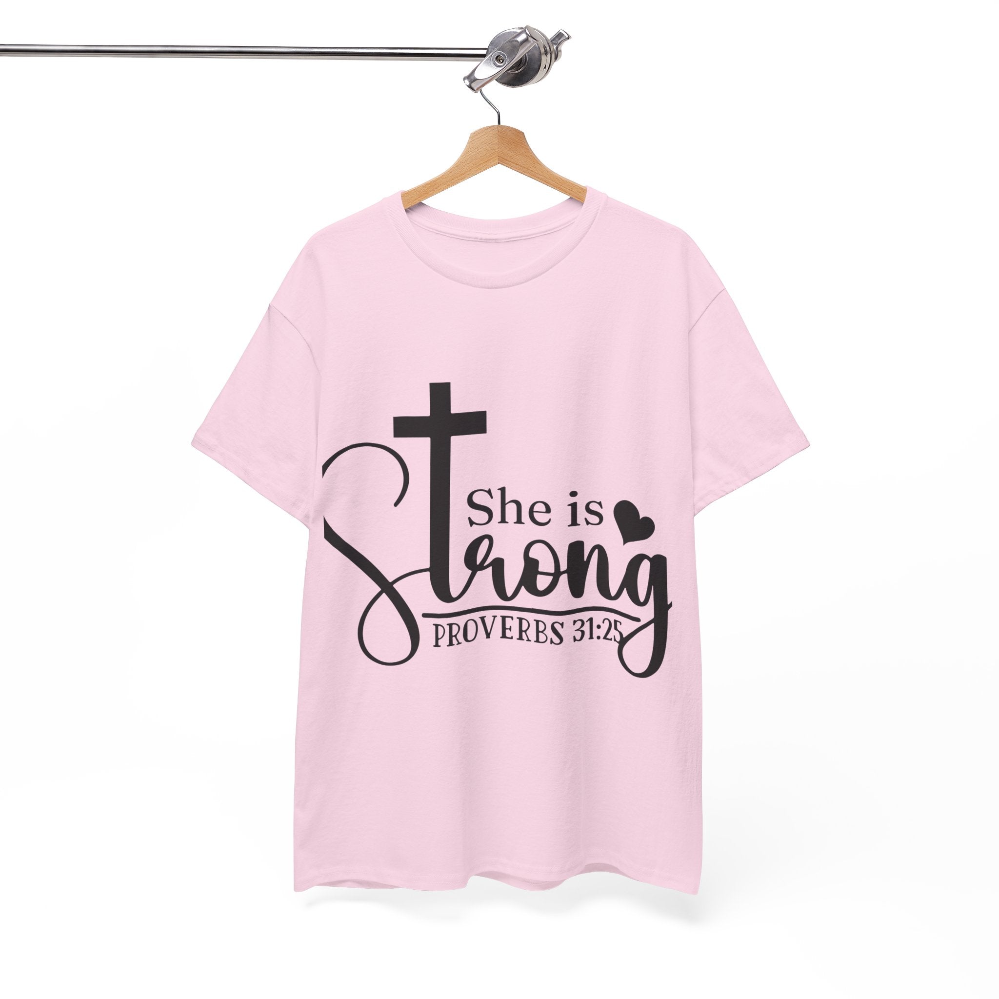 Proverbs 31:25 'She is Strong' T-Shirt – Christian Cross & Heart Unisex Cotton Tee