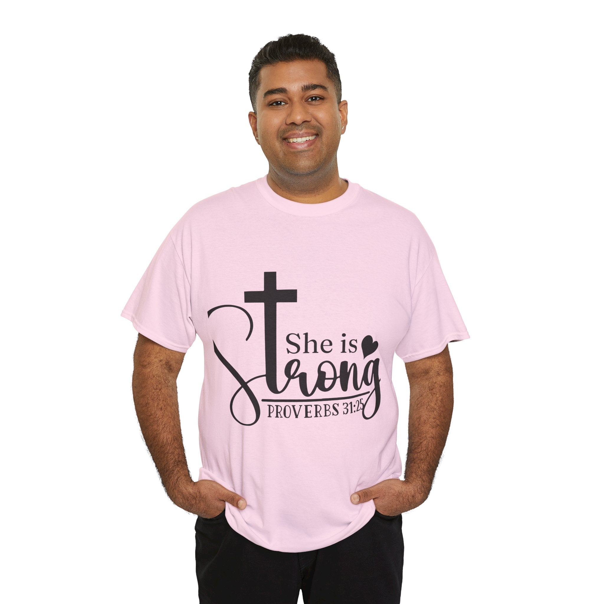 Proverbs 31:25 'She is Strong' T-Shirt – Christian Cross & Heart Unisex Cotton Tee