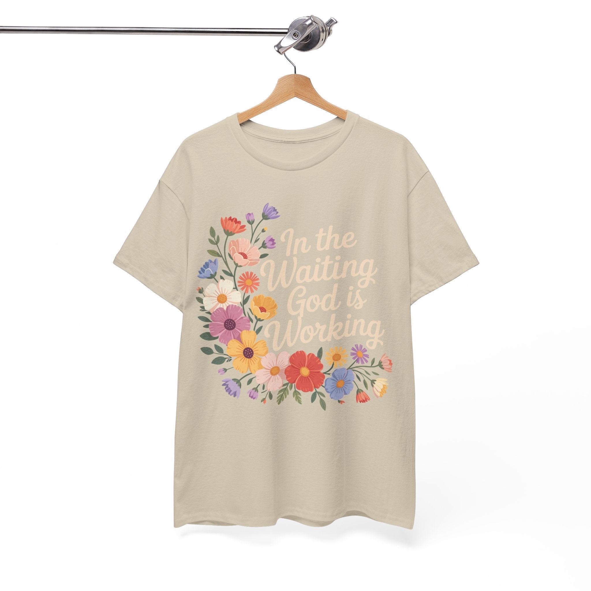 Pastel Floral “In the Waiting God Is Working” Unisex Cotton T-Shirt