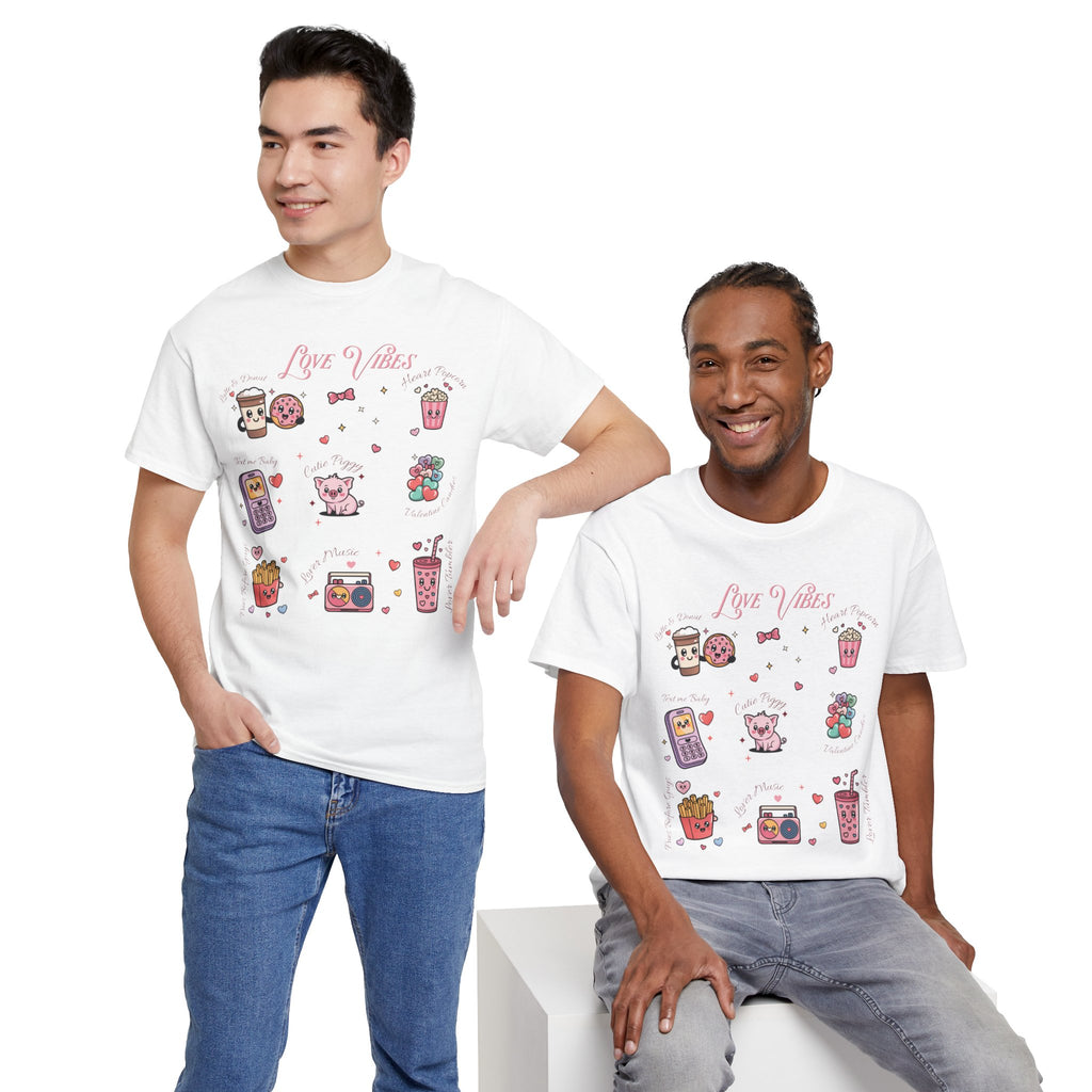 Love Vibes Kawaii Valentine T-Shirt — Cute Donut, Coffee & Piglet Design Unisex Cotton Tee
