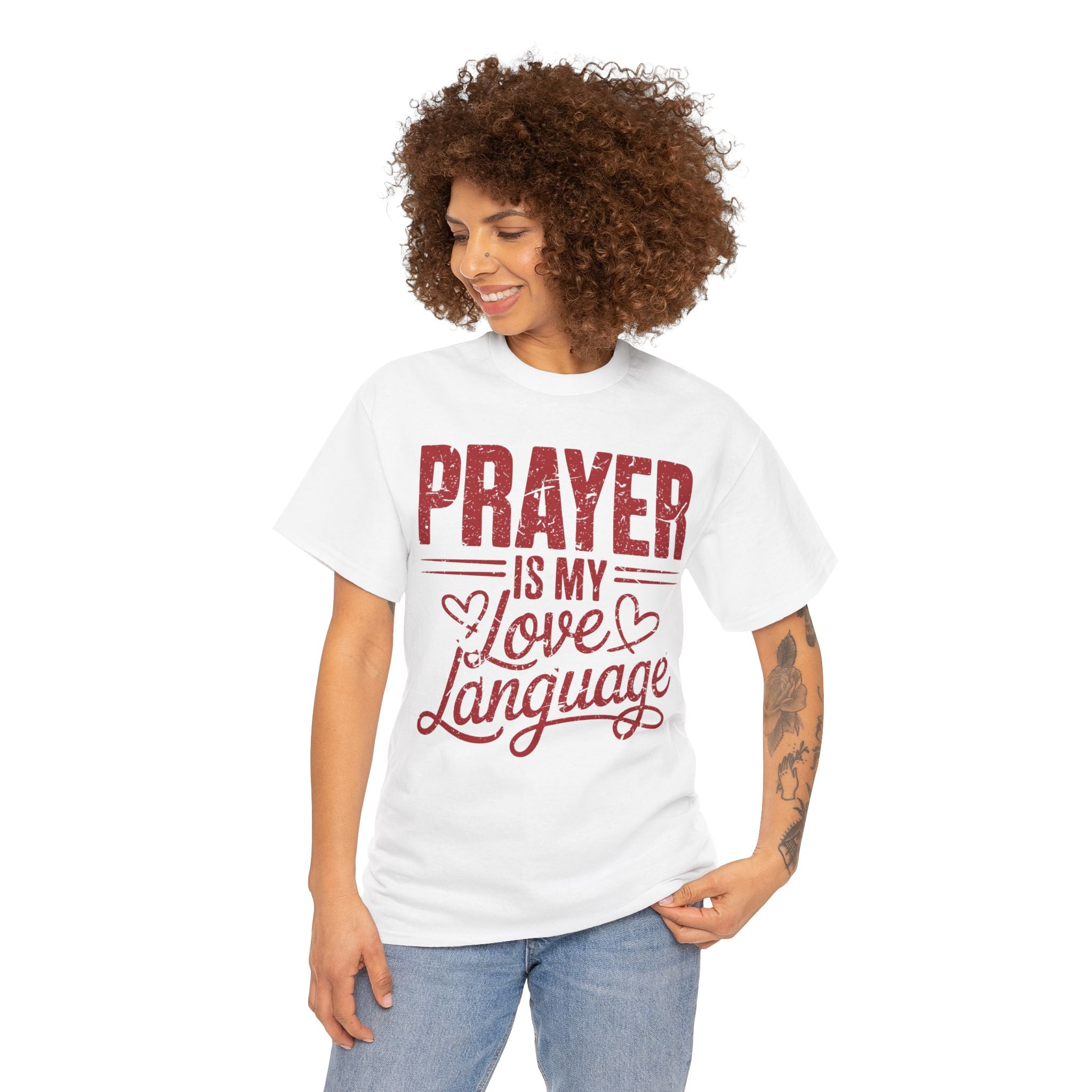 Prayer Is My Love Language T-Shirt — Faith-Inspired Red Hearts Unisex Cotton Tee