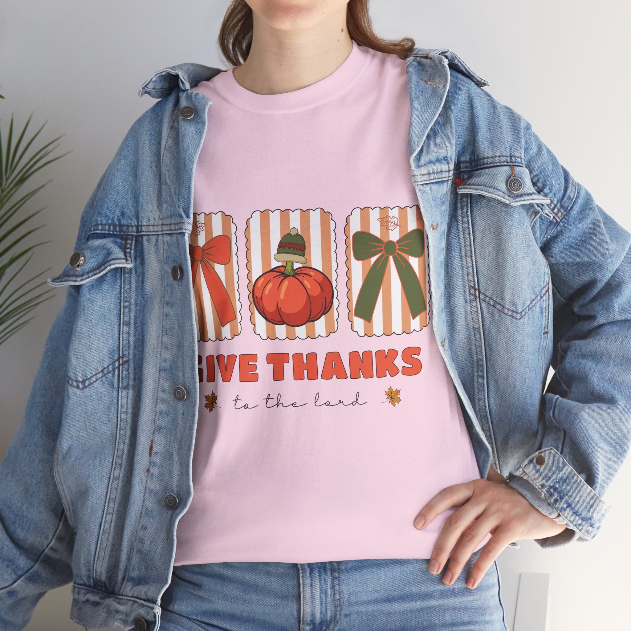 Give Thanks Thanksgiving T-Shirt — Pumpkin with Hat & Bows Unisex Cotton Tee
