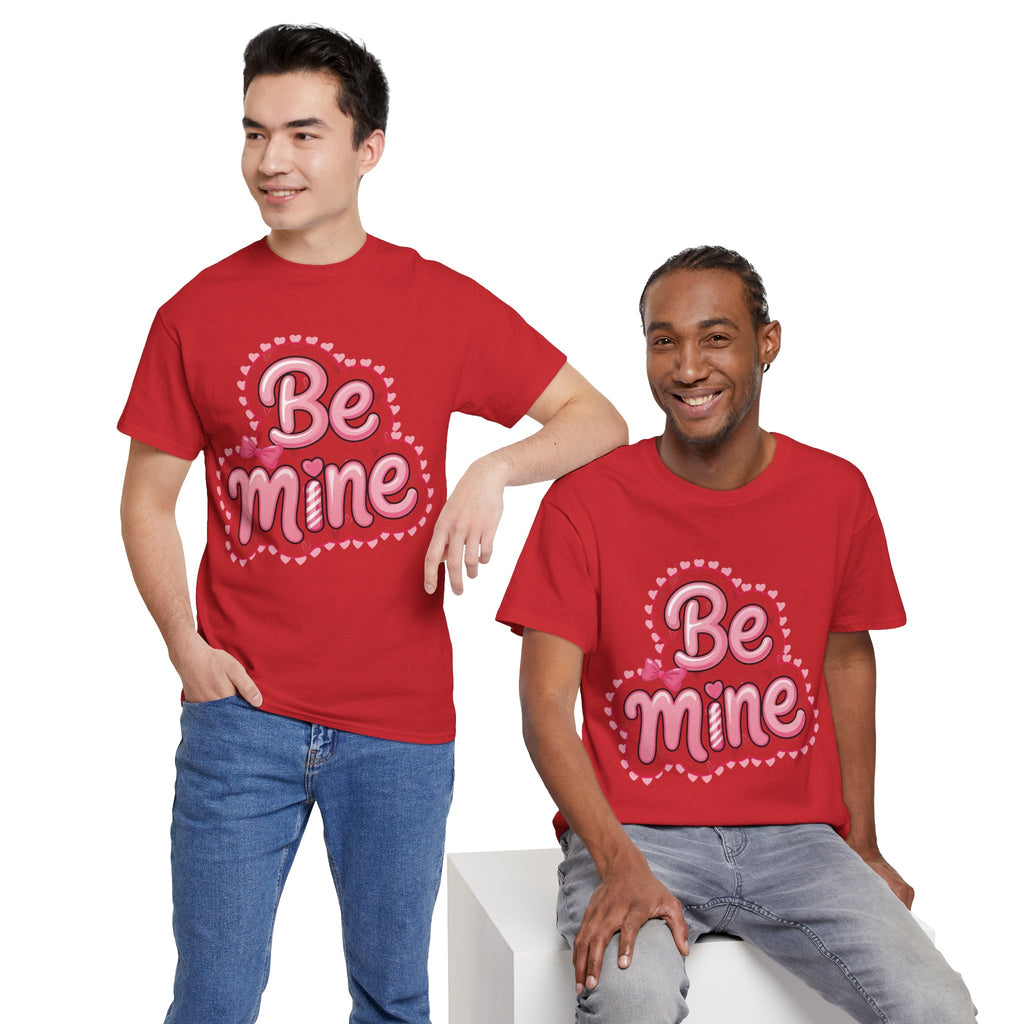 Be Mine Valentine T-Shirt — Pink Bubble Letters with Hearts & Bow..Unisex Cotton Tee