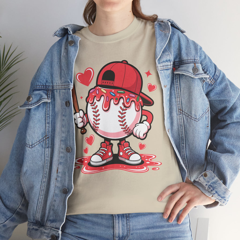 Cute Baseball Character T-Shirt — Red Cap & Icing Top Graphic with Hearts Unisex Cotton Tee