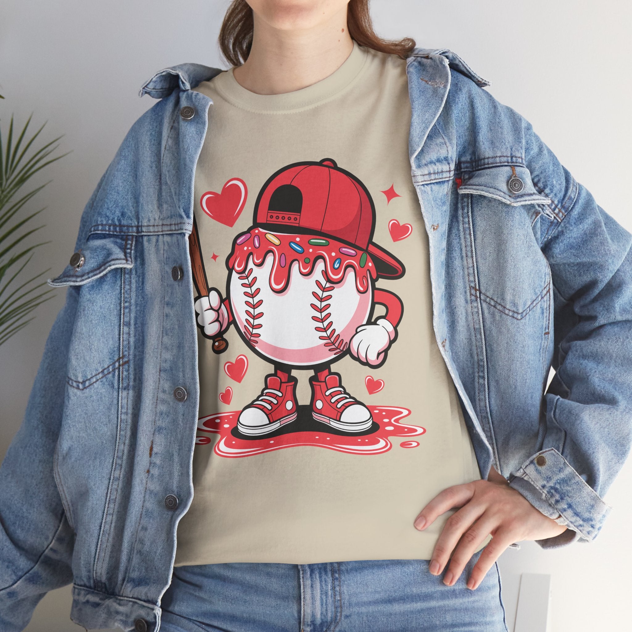 Cute Baseball Character T-Shirt — Red Cap & Icing Top Graphic with Hearts Unisex Cotton Tee