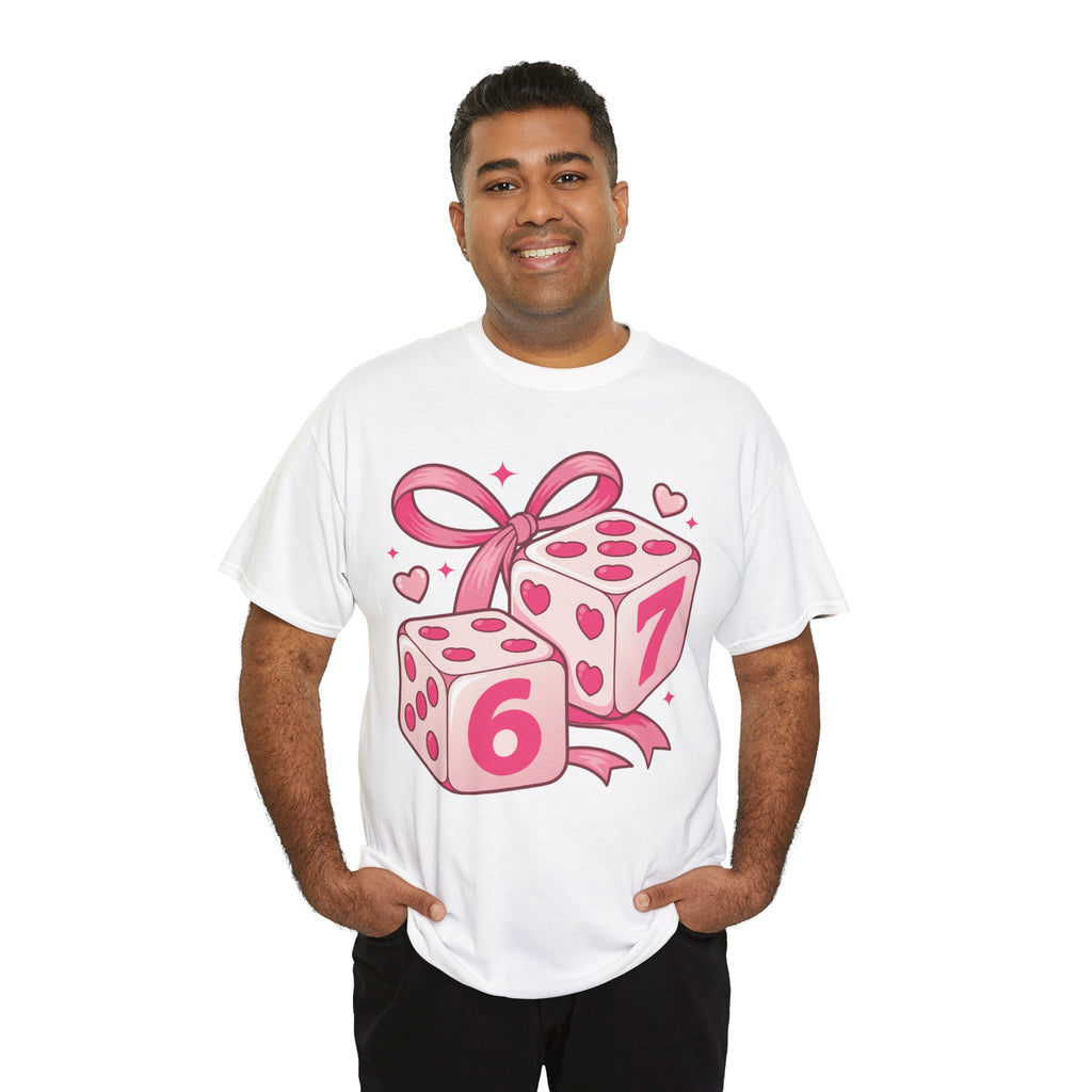 Lucky Love Dice T-Shirt — Pink Heart Dice with Bow..Unisex Cotton Tee