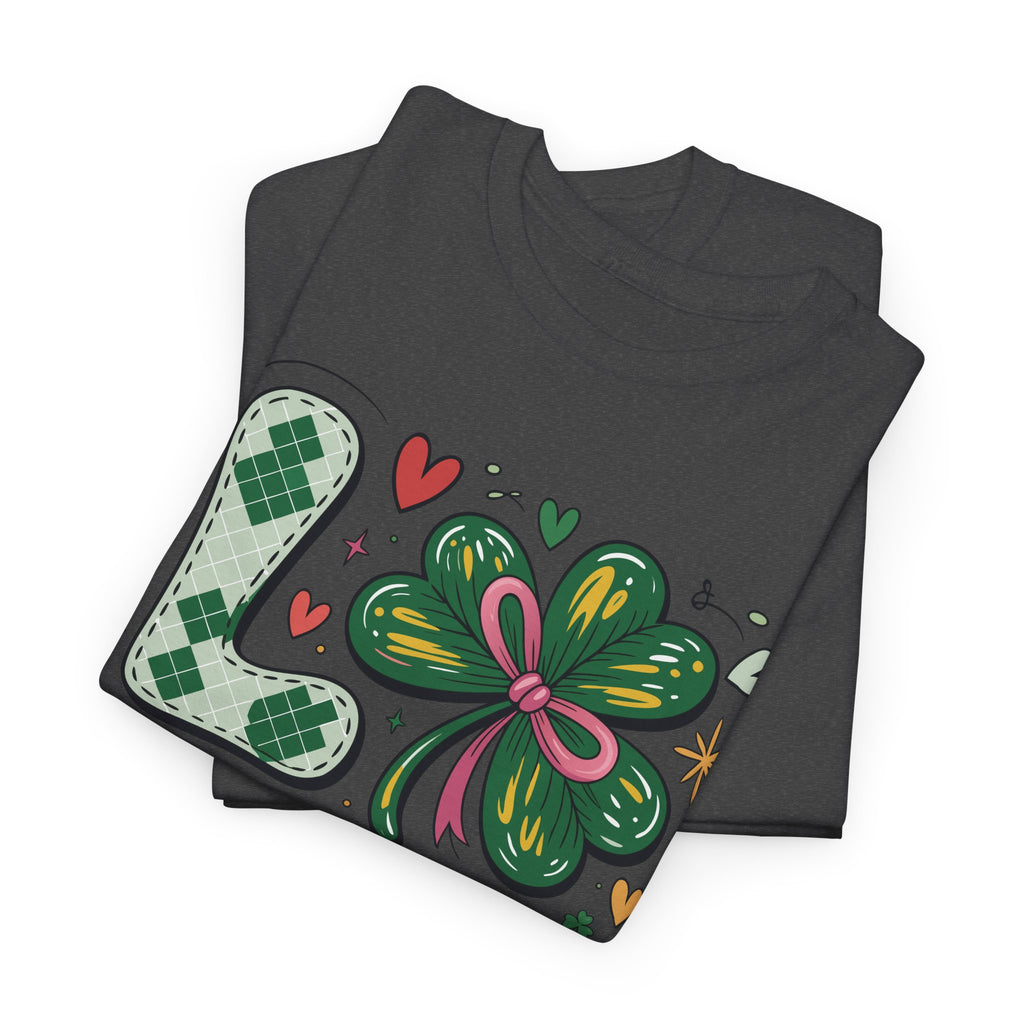 Stitched Clover 'LOVE' Tee — Heart & Patchwork St. Patrick's Unisex Cotton T-Shirt