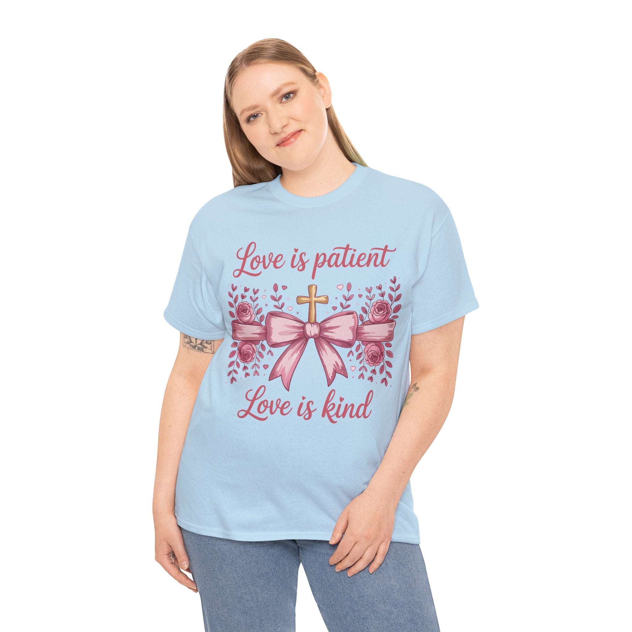 Christian Floral Tee — "Love is Patient, Love is Kind" Pink Rose Cross. Unisex Cotton Tee