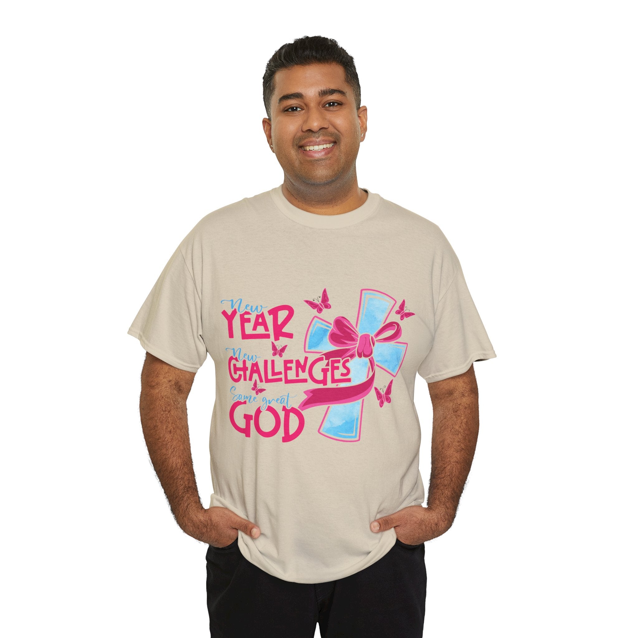 Christian T-Shirt — “New Year, New Challenges, Same Great God” with Pink Bow Cross & Butterflies. Unisex Cotton Tee