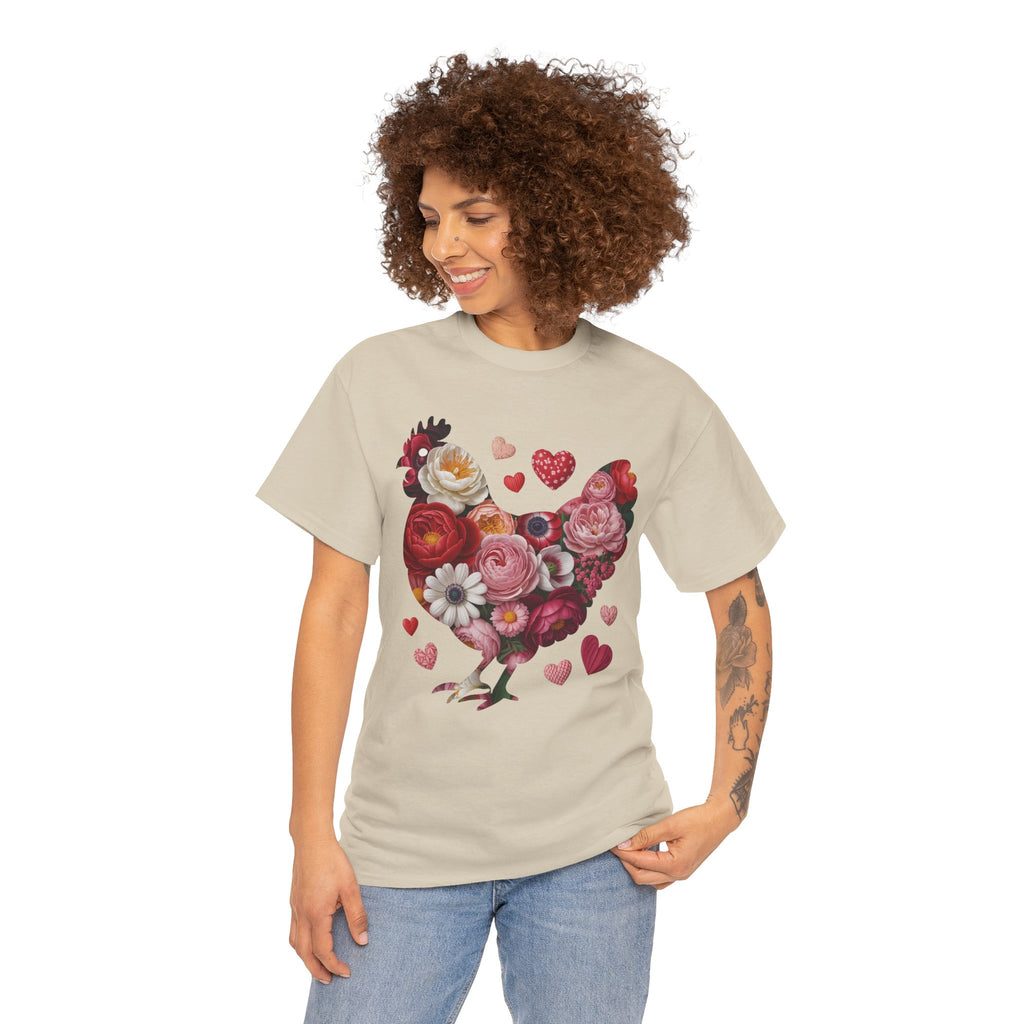 Floral Chicken Heart Tee — Red & Pink Flower Silhouette Unisex Cotton Tee