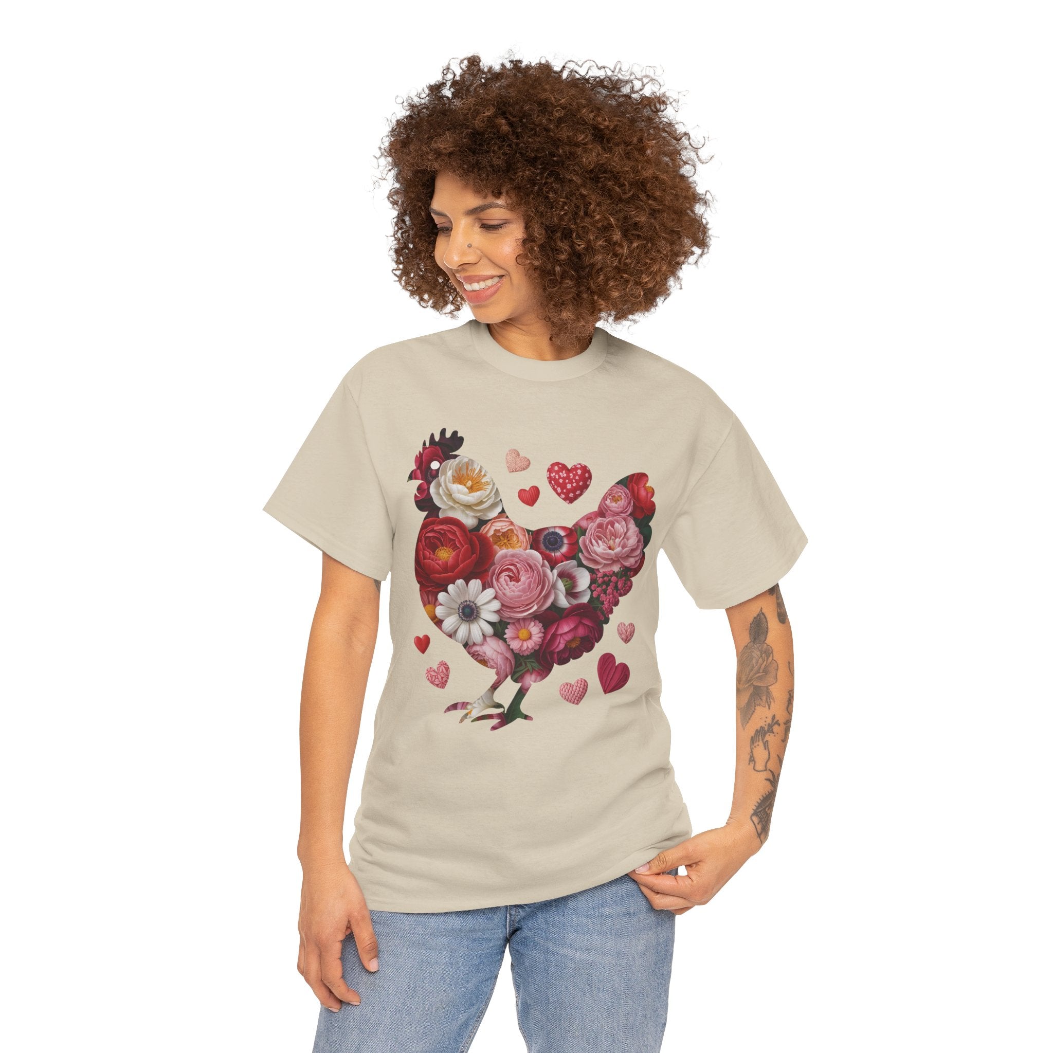 Floral Chicken Heart Tee — Red & Pink Flower Silhouette Unisex Cotton Tee
