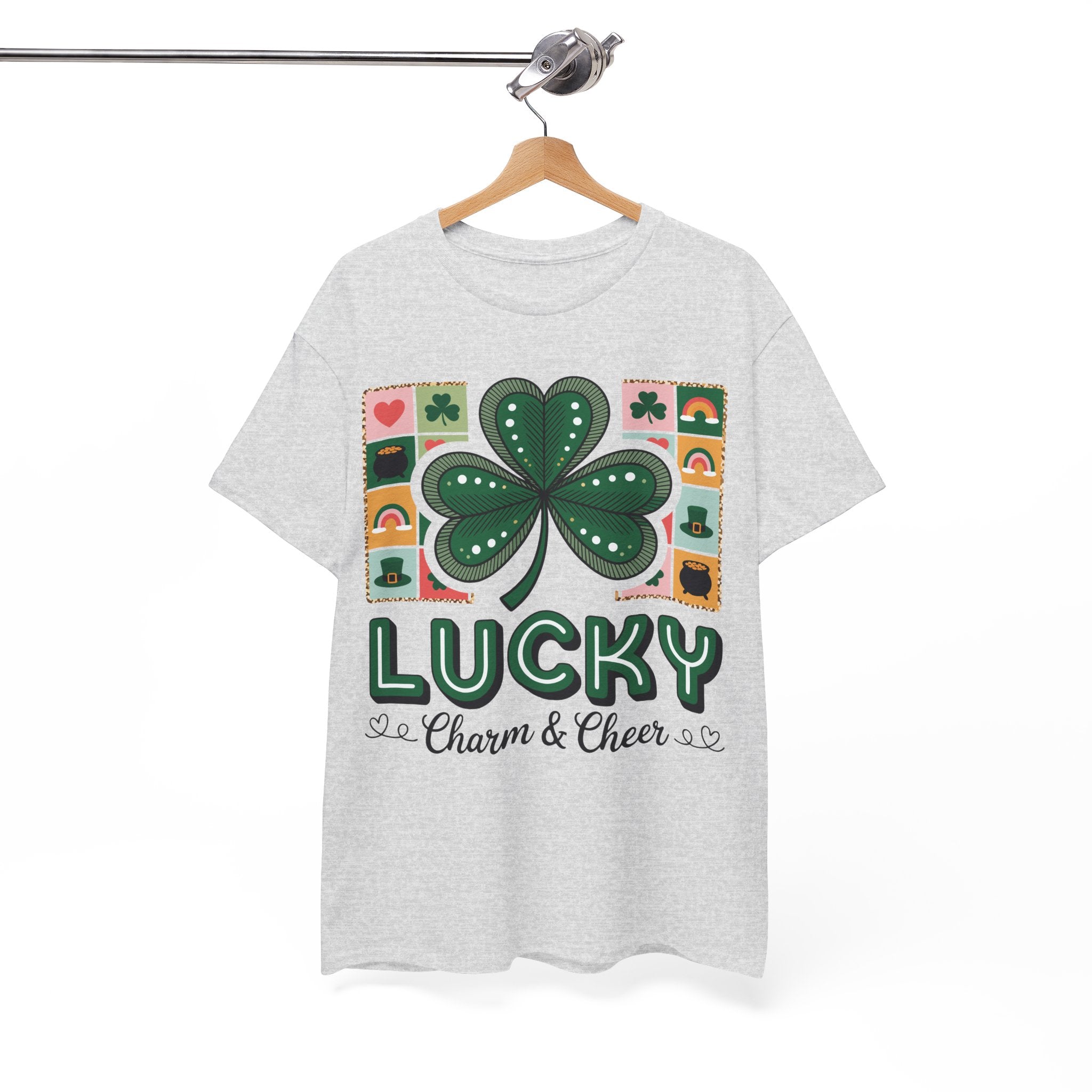 Lucky Charm & Cheer Clover Tee — Patchwork St. Patrick’s Day Unisex Cotton T-Shirt