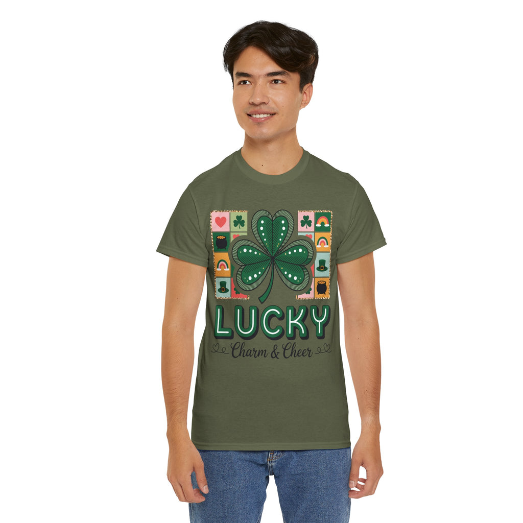 Lucky Charm & Cheer Clover Tee — Patchwork St. Patrick’s Day Unisex Cotton T-Shirt
