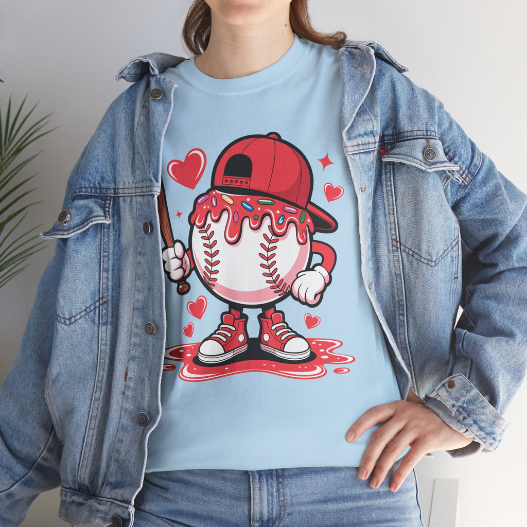 Cute Baseball Character T-Shirt — Red Cap & Icing Top Graphic with Hearts Unisex Cotton Tee