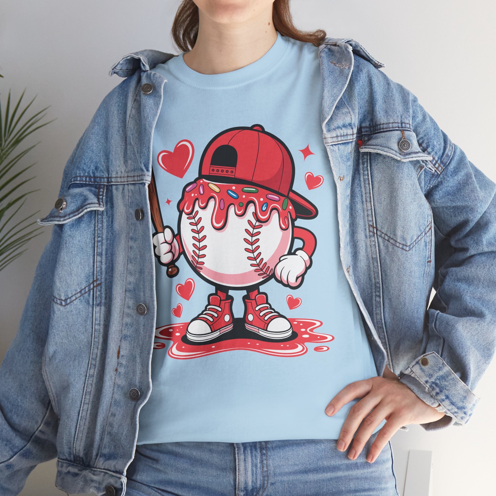 Cute Baseball Character T-Shirt — Red Cap & Icing Top Graphic with Hearts Unisex Cotton Tee