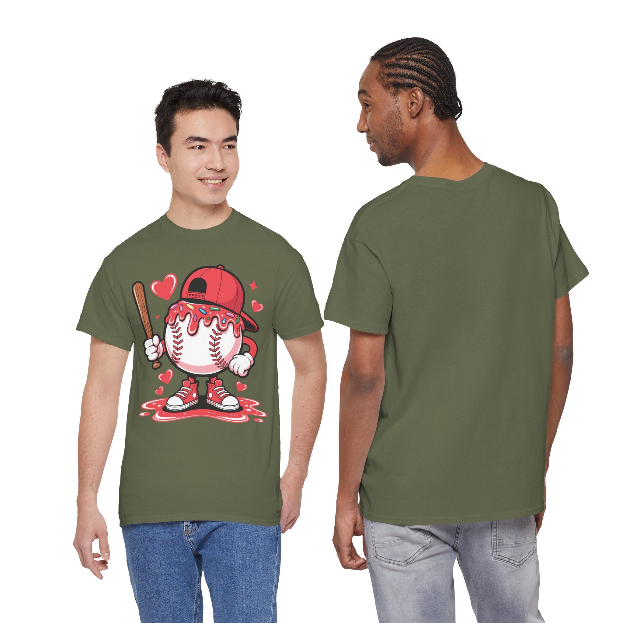 Cute Baseball Character T-Shirt — Red Cap & Icing Top Graphic with Hearts Unisex Cotton Tee