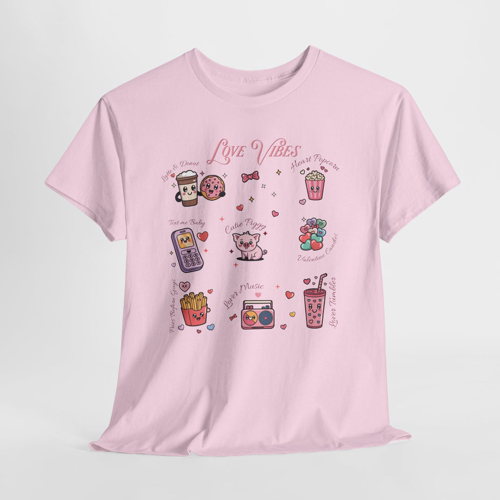 Love Vibes Kawaii Valentine T-Shirt — Cute Donut, Coffee & Piglet Design Unisex Cotton Tee