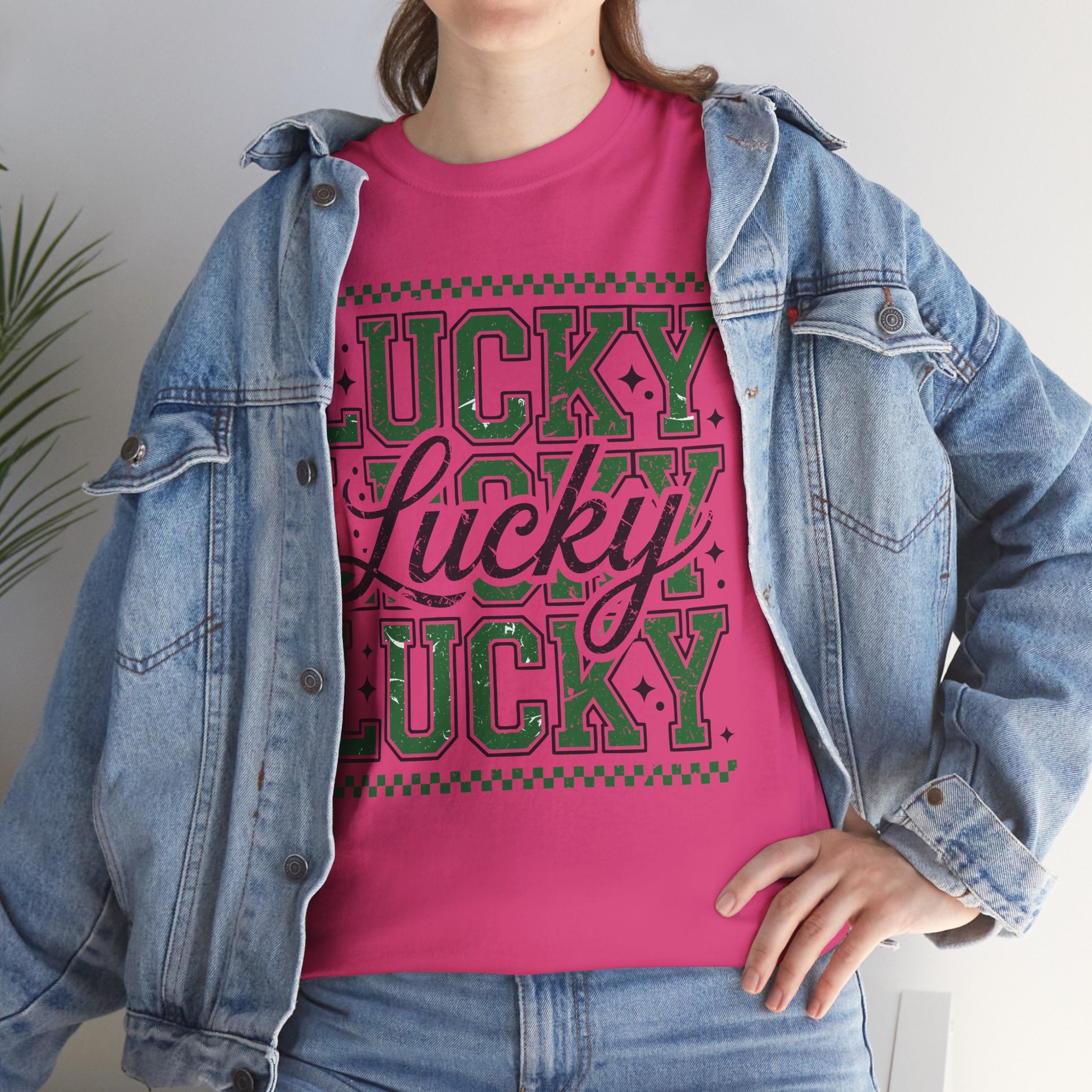 Lucky Varsity Tee — Layered Green ‘Lucky’ Graphic Unisex Cotton Tee